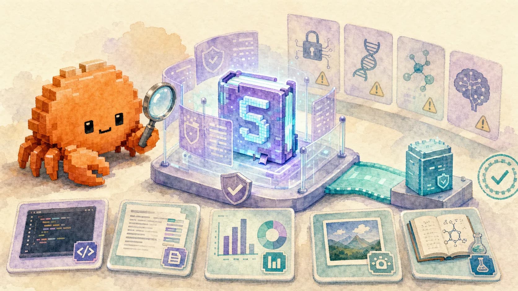 Mascotte saisir.ai inspectant un nouveau modèle IA sous garde-fous, avec des cartes de code, document, données, vision et science.