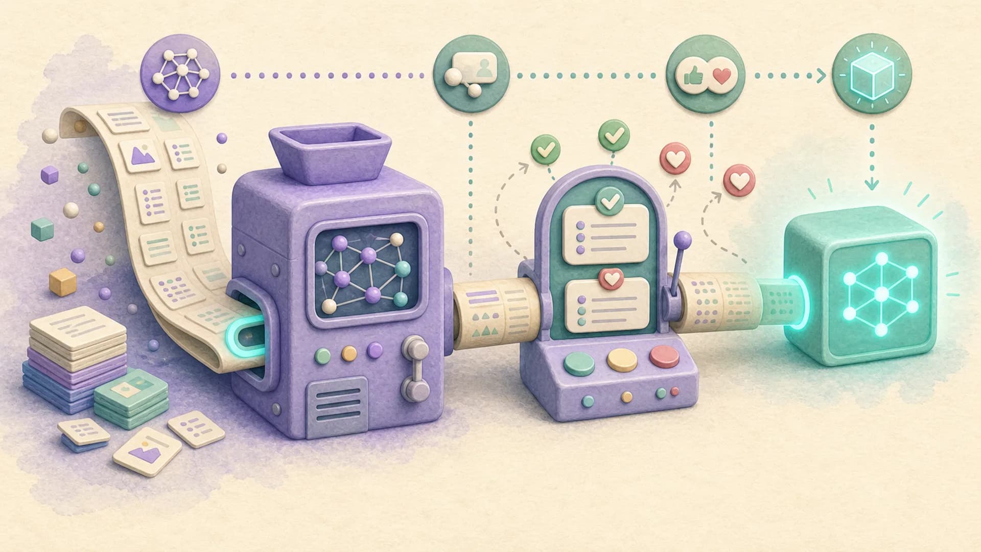 Illustration des trois étapes d'apprentissage d'une IA : pré-entraînement, fine-tuning, RLHF