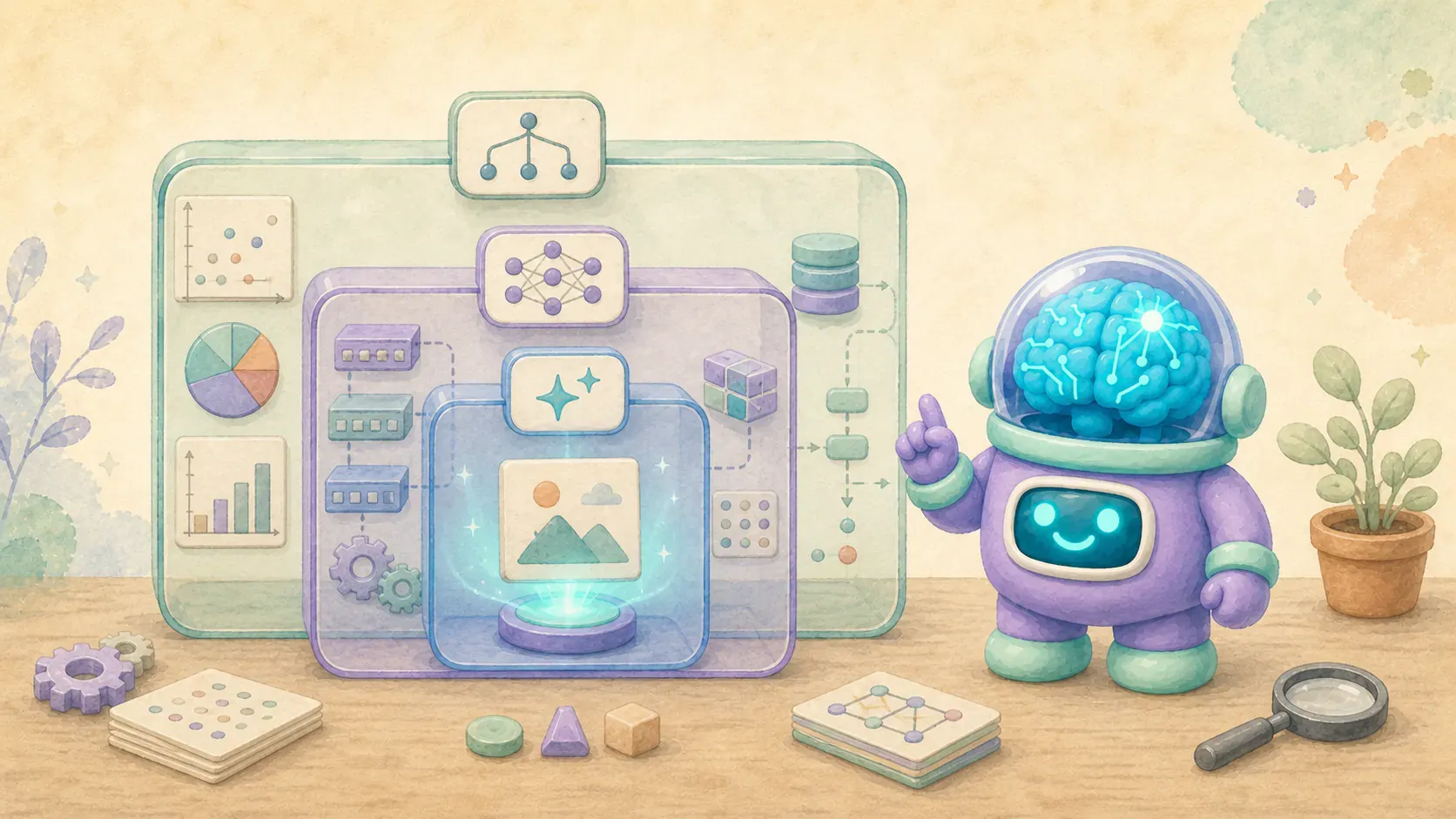 Quatre carrés arrondis imbriqués comme des poupées russes, du plus grand au plus petit, illustrant l'emboîtement de l'IA, du machine learning, du deep learning et de l'IA générative.