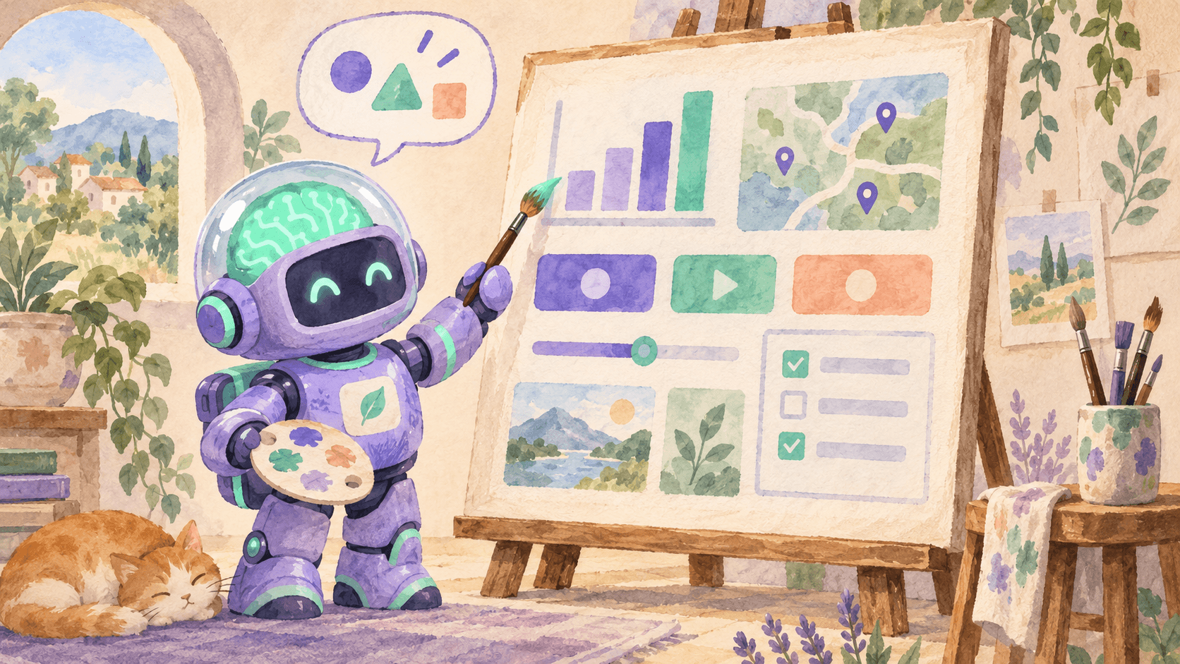 Illustration aquarelle d'un petit robot astronaute violet peignant des éléments interactifs sur une toile — graphiques, boutons, carte, sliders et formulaires — symbolisant GPT-6 Intelligent UI qui construit des interfaces au lieu de répondre en texte