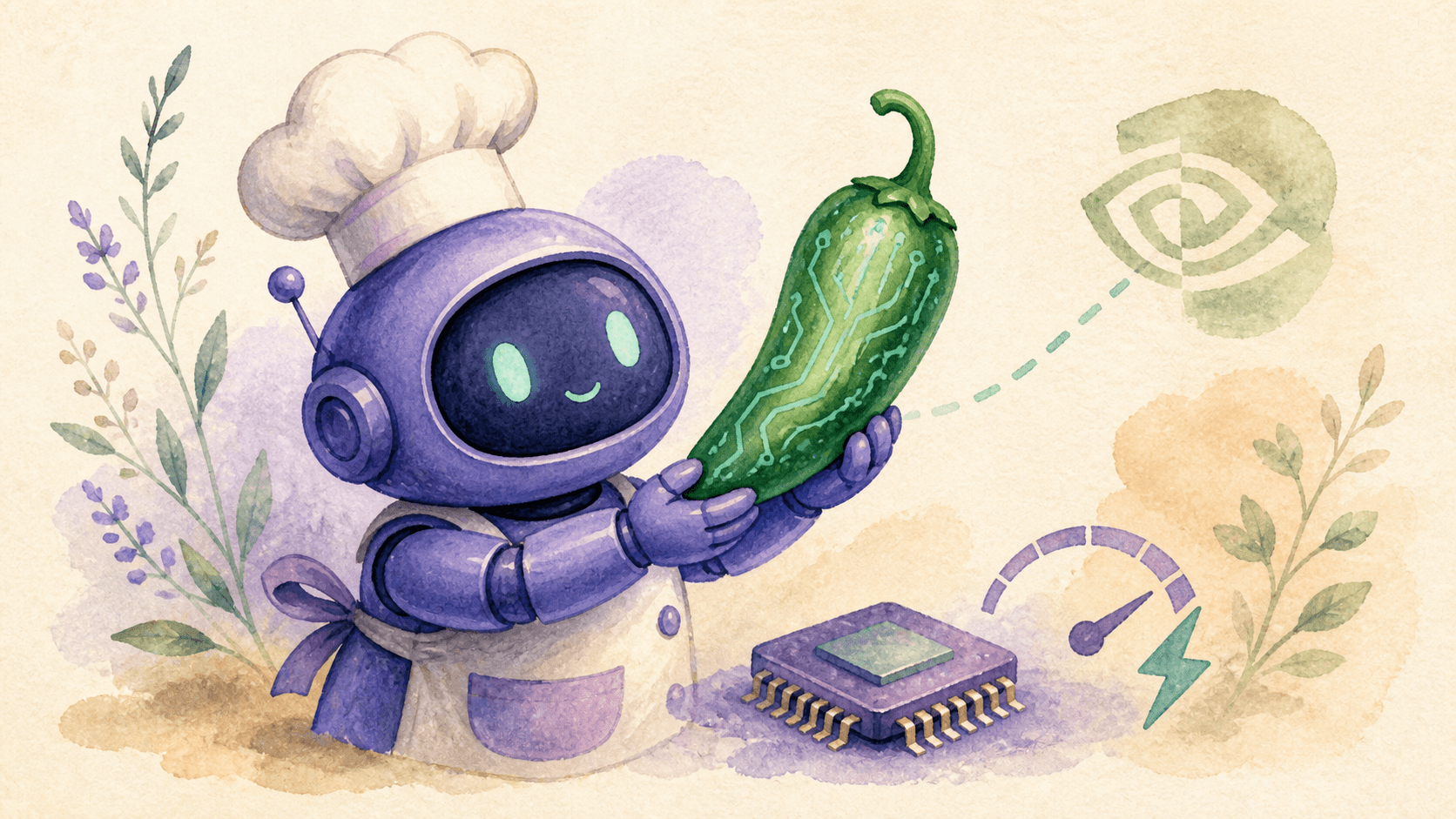 Illustration aquarelle d'un petit robot-chef violet portant une toque, tenant un jalapeño brillant comme une puce précieuse, entouré d'une puce électronique, d'un éclair et d'un bouclier vert Nvidia barré d'une ligne pointillée menthe, symbolisant le chip Jalapeño d'OpenAI qui bat Nvidia sur l'inférence