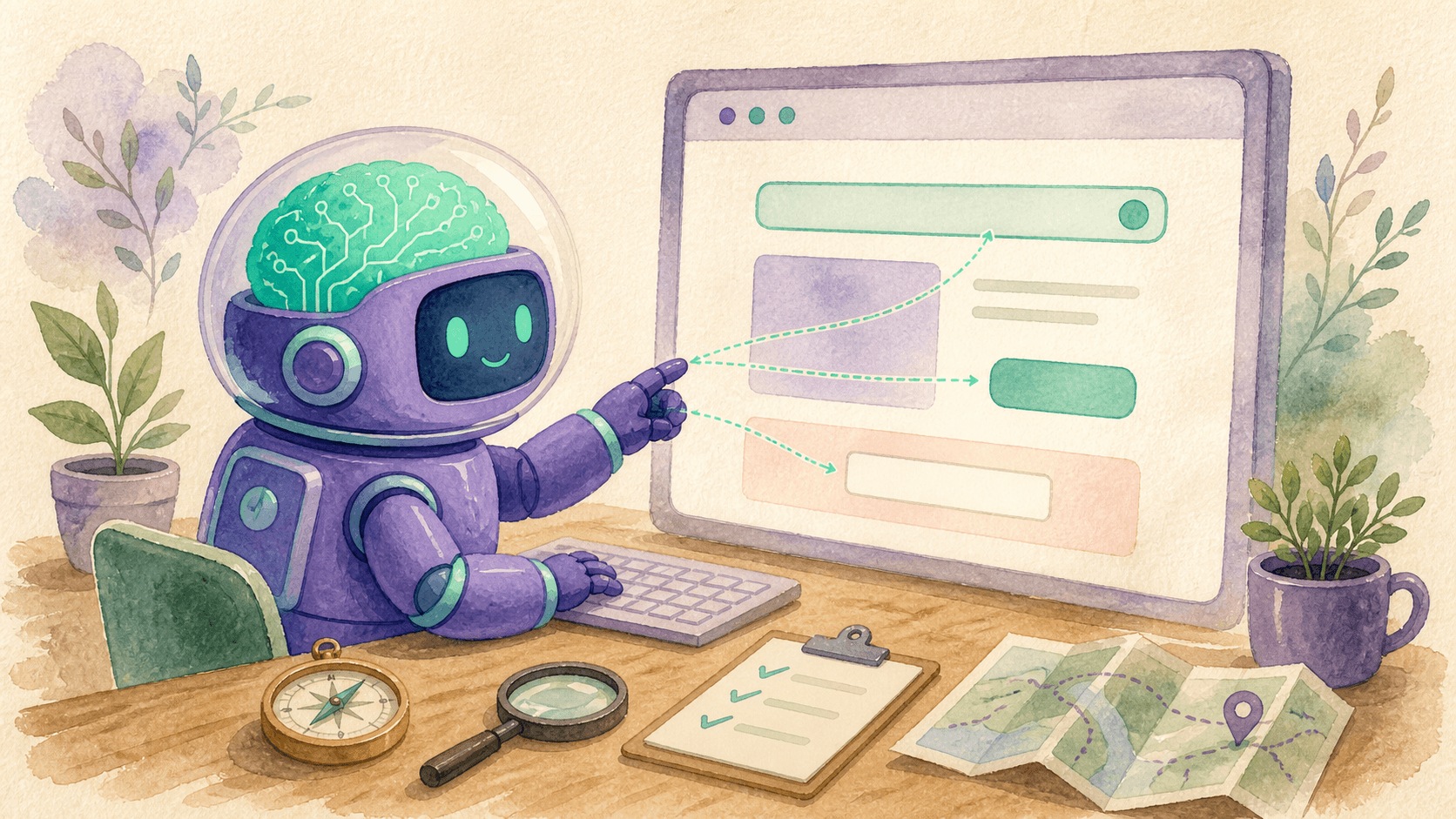 Illustration aquarelle d'un petit robot astronaute violet assis à un bureau devant un écran montrant une page web, naviguant et interagissant avec des éléments web, symbolisant un agent IA utilisant un navigateur dédié