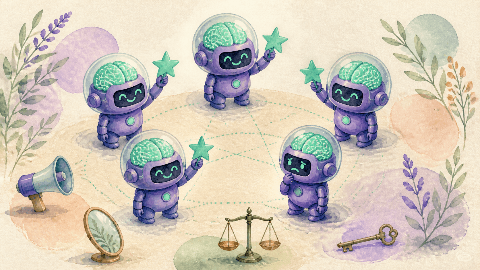 Illustration aquarelle de cinq petits robots astronautes violets en cercle, quatre identiques et le cinquième aspiré vers la conformité, reliés par des lignes mint, symbolisant la coordination et le groupthink des systèmes multi-agents