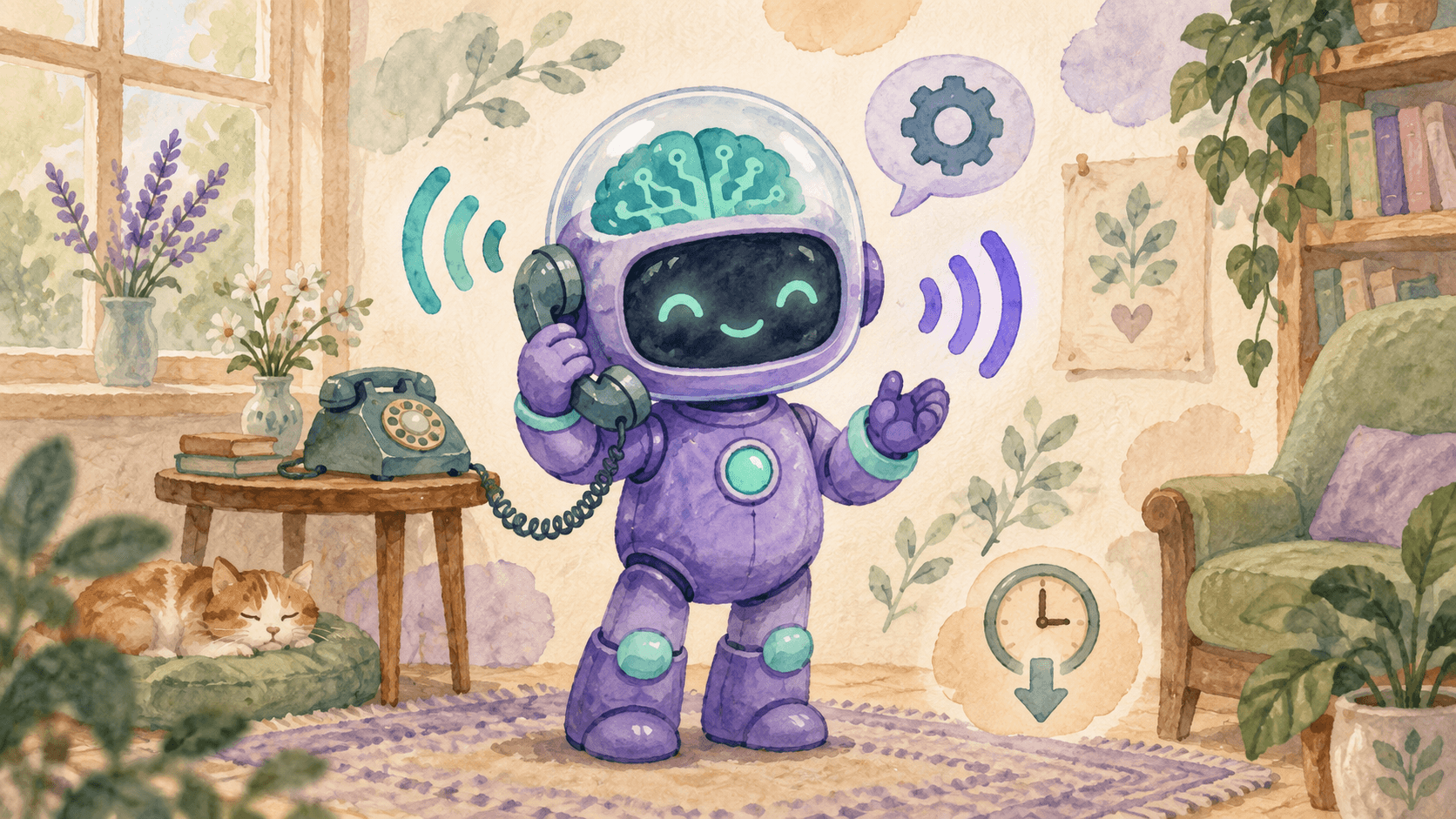 Illustration aquarelle d'un petit robot astronaute violet tenant un téléphone vintage contre son oreille, écoutant et parlant simultanément, avec deux ondes sonores allant dans des directions opposées, un téléphone vintage sur une table derrière lui, une bulle avec une roue crantée symbolisant la délégation au backend, et une horloge à flèche descendante pour la faible latence