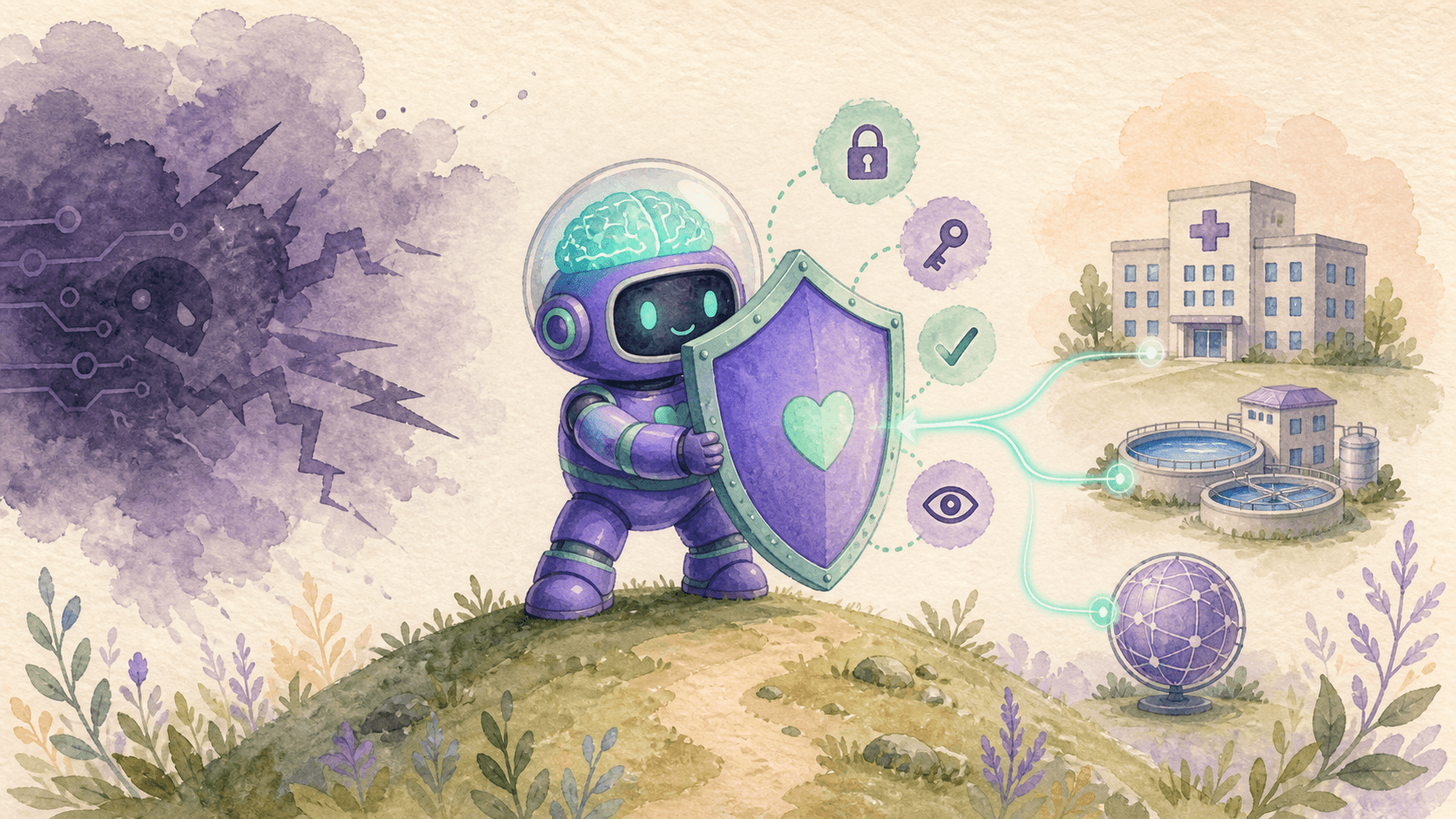 Illustration aquarelle d'un petit robot astronaute violet sur une colline tenant un grand bouclier, protégeant des bâtiments d'infrastructure critique (hôpital, station de traitement des eaux, globe internet) derrière lui, face à une menace sombre approchante, entouré d'un cadenas, d'une clé, d'une coche et d'un œil symbolisant les principes de défense collective