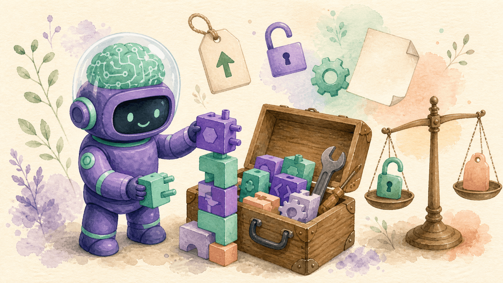 Illustration aquarelle d'un petit robot astronaute violet construisant des outils depuis une boîte en bois, entouré d'un cadenas ouvert, d'une étiquette de prix et d'une balance, symbolisant l'open source DeepSeek Harness et la hausse des prix API