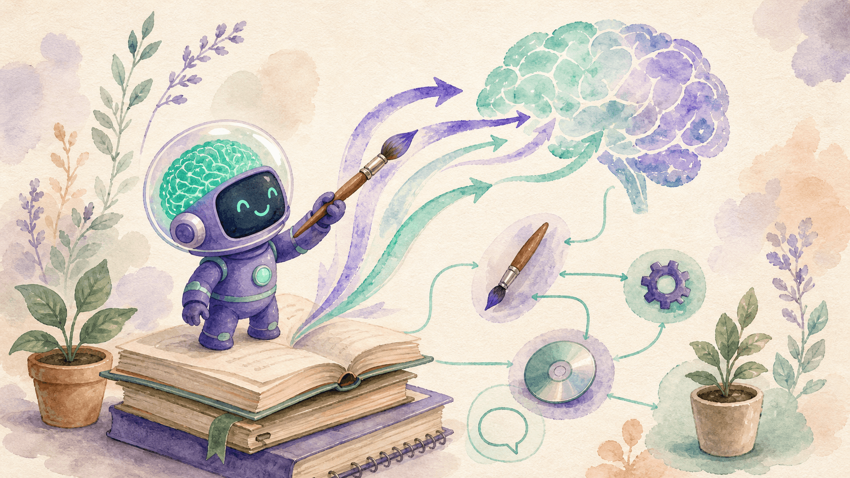 Illustration aquarelle du robot-astronaute violet de saisir.ai debout sur une pile de livres ouverts, peignant des fleches colores qui coulent vers un cerveau translucide, avec un pinceau, un engrenage, un disque et une plante, relies par des fils menthe, palette violette et menthe sur fond creme
