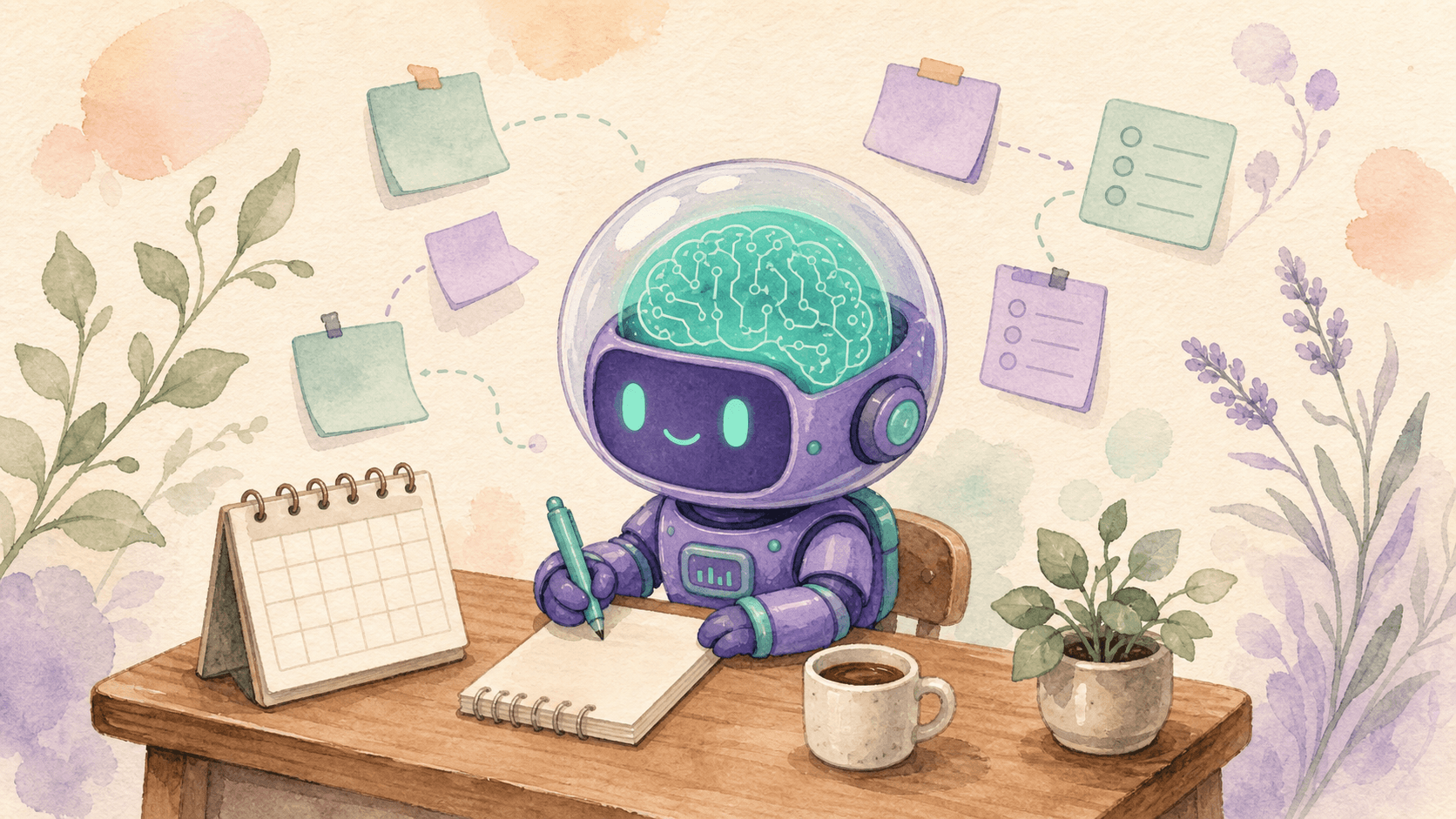 Illustration aquarelle du robot-astronaute violet de saisir.ai assis à un bureau en bois avec un mini calendrier, une tasse de café et un bloc-notes, en train de planifier sa semaine. Des post-its menthe et lavande flottent autour avec des cases à cocher reliées par des pointillés. Une petite plante en pot décore le coin du bureau. Fond crème, style doux et chaleureux.