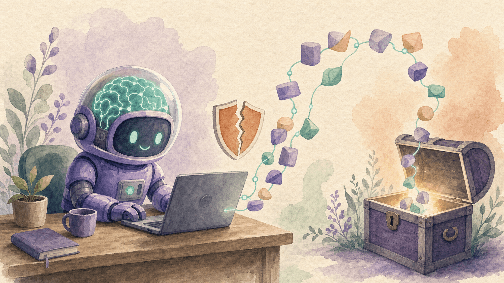 Illustration aquarelle : le robot-astronaute violet de saisir.ai à un bureau devant un laptop, des blocs de lettres s'en échappent en cascade vers un petit coffre au trésor entrouvert, un bouclier type Cloudflare fissuré plane près du laptop. Quelque chose de précieux se fait discrètement subtiliser. Palette violette et menthe sur fond crème.