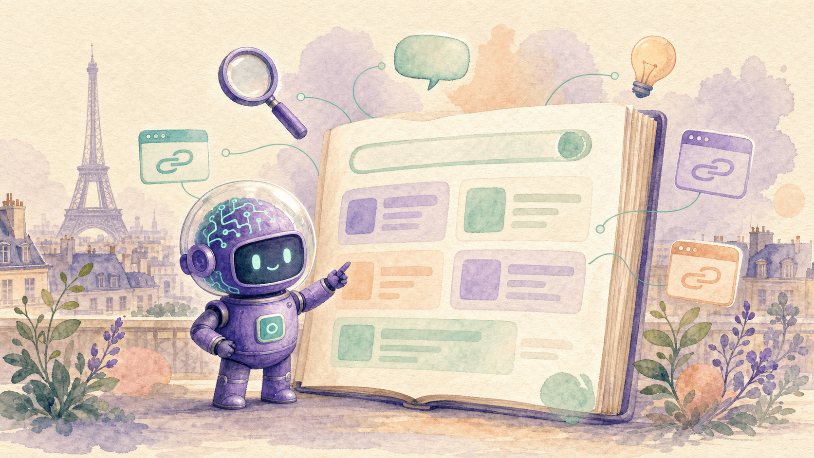 Illustration aquarelle : le robot-astronaute violet de saisir.ai debout devant un livre geant ouvert transforme en page de recherche, entoure d'une loupe, d'une bulle de dialogue, d'une ampoule et de petites icones de pages web reliees par des fins traits menthe. Silhouette de skyline parisienne au fond. Palette violette et menthe sur fond creme.
