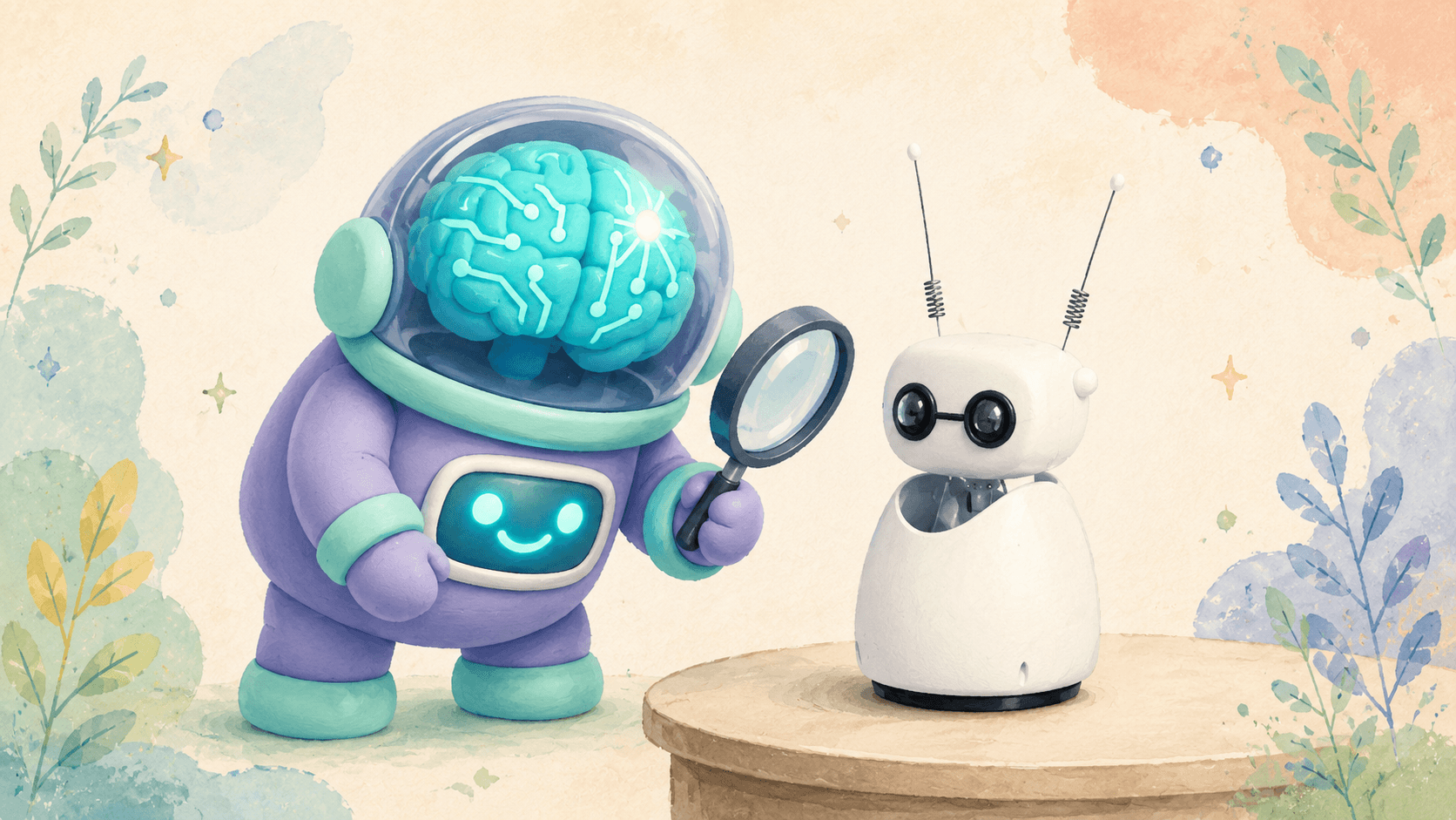 Petit robot de bureau Reachy Mini avec deux yeux ronds et deux antennes, tournant la tête vers un post-it, capteurs étiquetés caméra micro haut-parleur