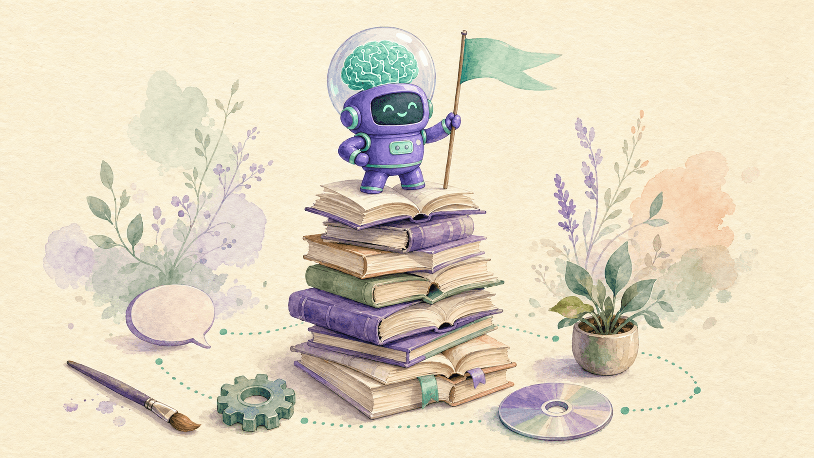 Le robot-astronaute violet de saisir.ai, coiffé de son casque à cerveau lumineux, plante un drapeau menthe au sommet d'une tour de livres ouverts, entouré d'un pinceau, un engrenage, un disque et une plante, sur fond creme aquarelle.