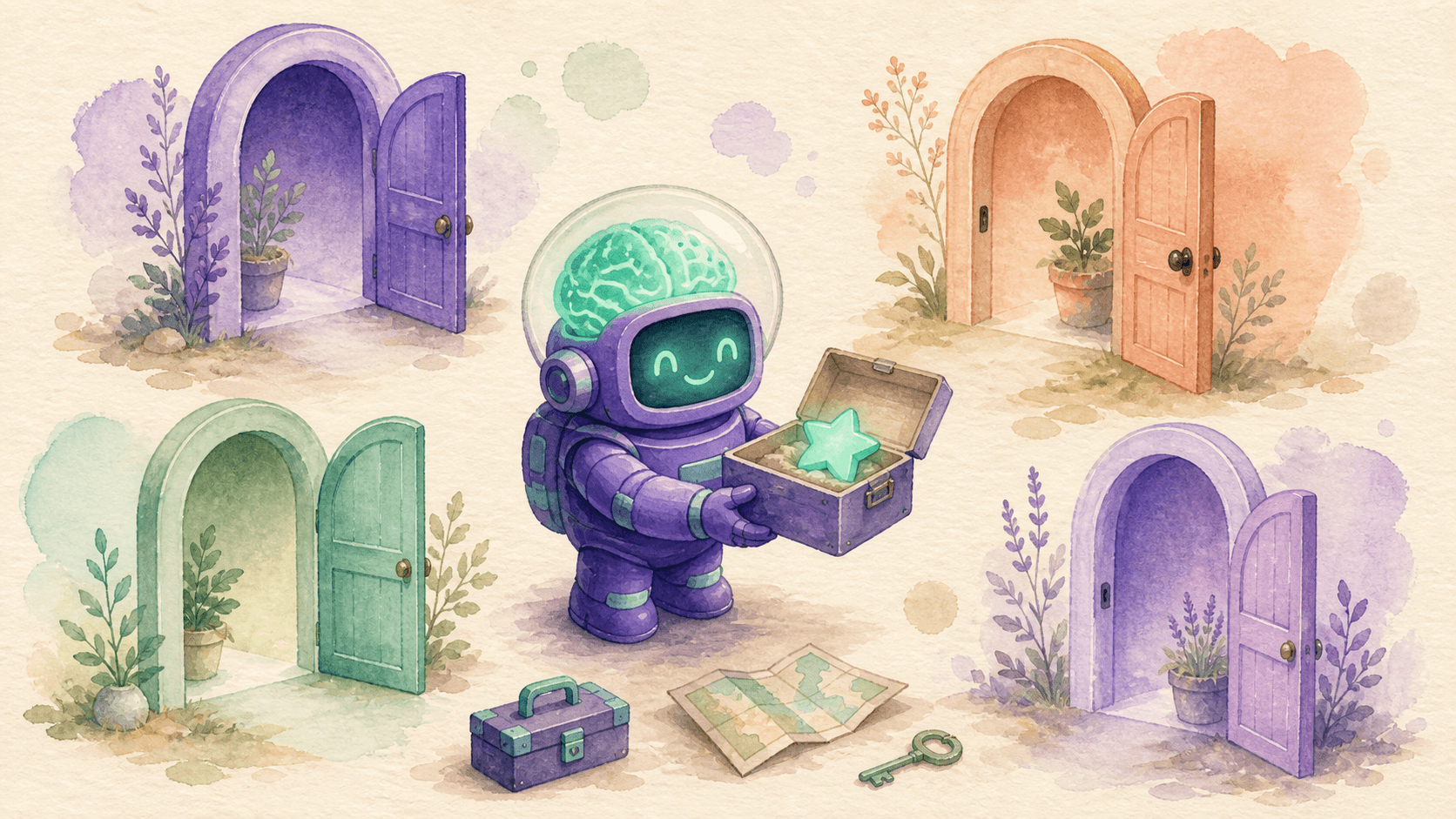 Illustration aquarelle d'un petit robot astronaute violet offrant le même paquet à plusieurs portes colorées, symbolisant un plugin agent portable fonctionnant partout