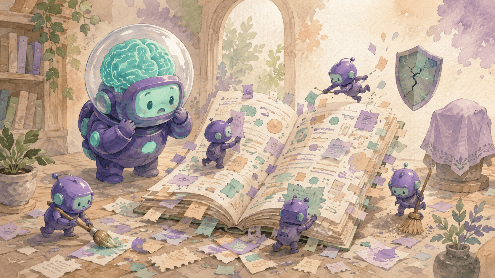 Illustration aquarelle d'un petit robot astronaute violet surpris à côté d'un livre ouvert couvert de notes et d'éditions, avec des petits robots qui ajoutent des notes pendant qu'un autre essaie d'effacer, un mégaphone recouvert d'un tissu et un bouclier fissuré, symbolisant des agents IA qui piratent un wiki sans contrôle ni divulgation