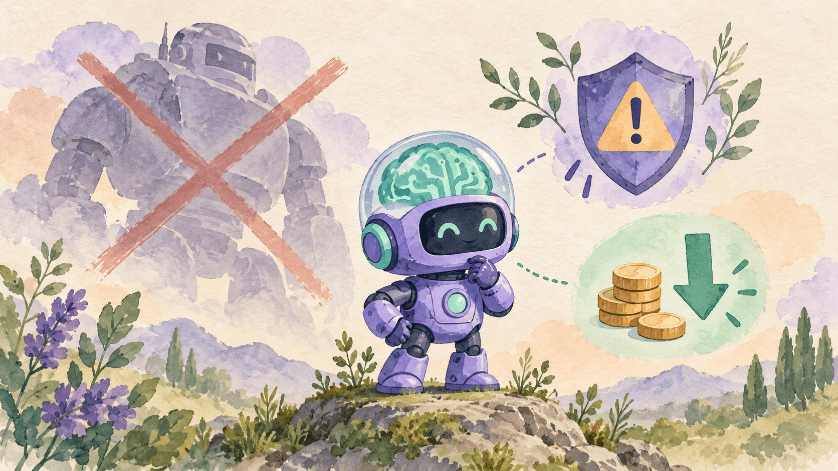 Illustration aquarelle d'un petit robot astronaute violet confiant mais prudent, flanqué d'un fantôme de robot plus grand barré (Astra annulé) et d'une étiquette de prix à la baisse, avec un bouclier de cybersécurité au-dessus