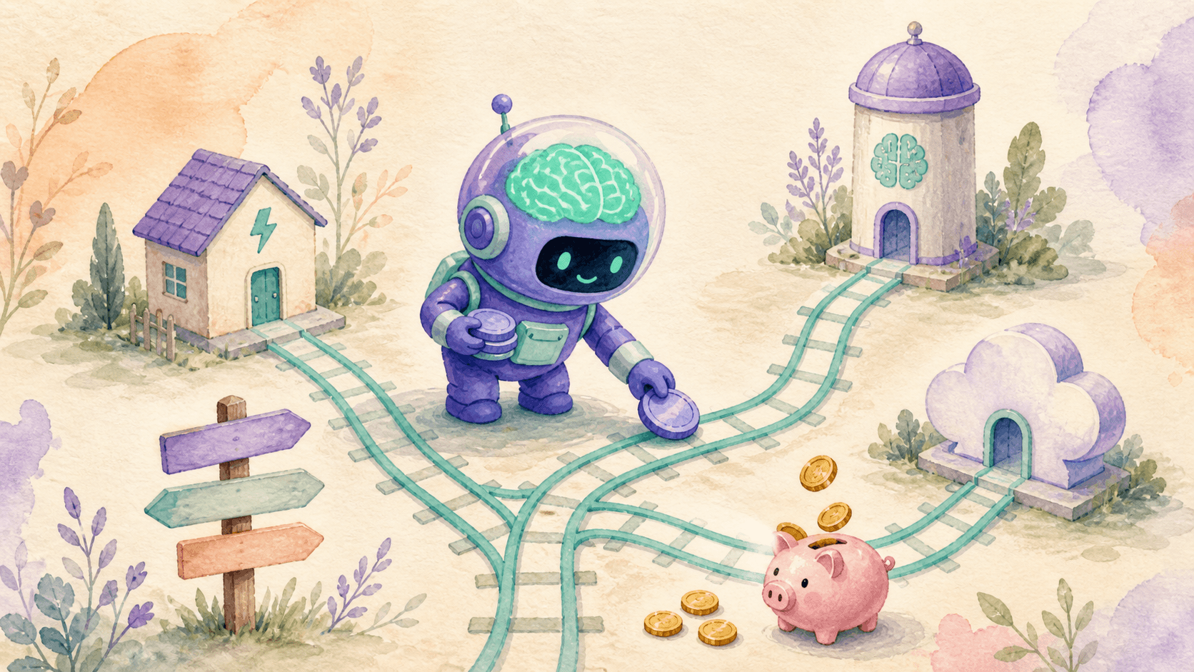 Illustration aquarelle d'un petit robot astronaute violet debout à un aiguillage, plaçant un jeton sur une voie menant vers différentes stations-modèles (maison efficace, tour frontier, nuage cloud), avec des pièces flottantes et une tirelire, symbolisant le routing de NeMo Switchyard entre modèles