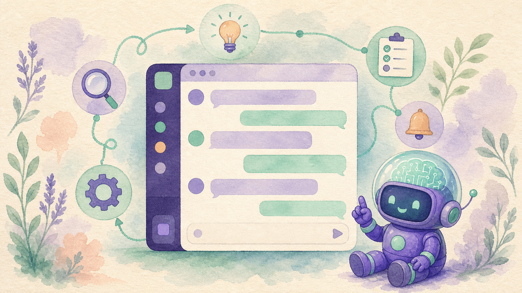 Illustration aquarelle d'une interface de chat Slack amicale avec des bulles de message violet et menthe, entourée de petites icônes aquarelle (ampoule, checklist, engrenage, cloche, loupe) reliées par de fins traits menthe en boucle suggérant un agent always-on (observer, apprendre, agir, rappeler), une aura teal douce autour du chat, le robot-astronaute violet de saisir.ai assis à côté avec la main levée prêt à intervenir, fond papier texture crème.