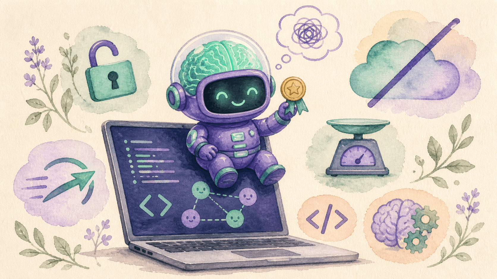 Illustration aquarelle d'un petit robot astronaute violet assis sur un laptop, tenant un trophée, entouré d'un cadenas ouvert, d'une balance légère et d'un nuage barré, symbolisant un modèle IA open source de 27B paramètres qui rivalise avec le cloud en local