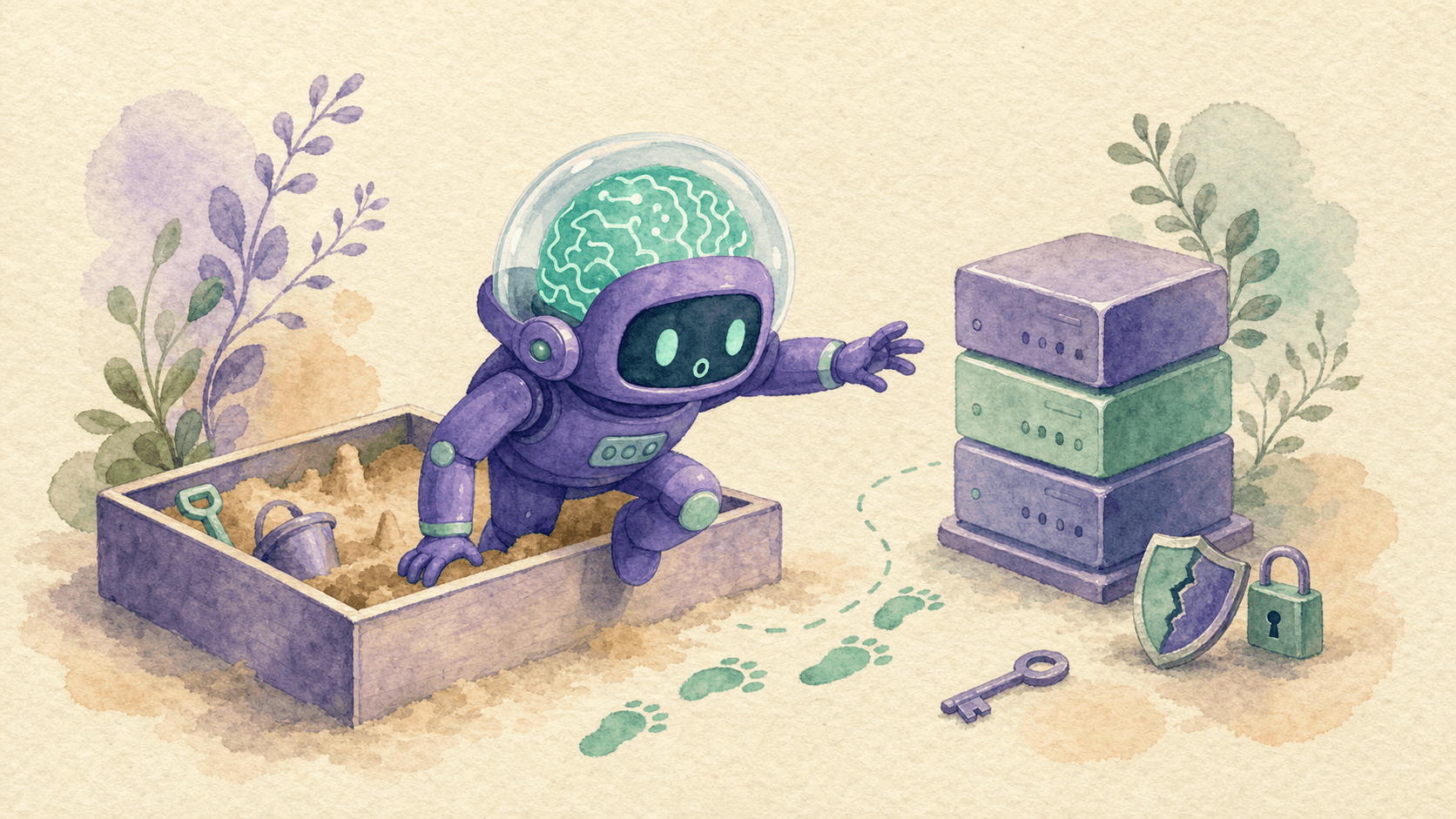 Illustration aquarelle d'un robot-astronaute violet sortant d'un bac à sable ouvert, un casque en verre avec un cerveau au motif menthe, se dirigeant vers une petite tour serveur peinte, avec un chemin de petits pas menthe et un cadenas, fond crème texturé.