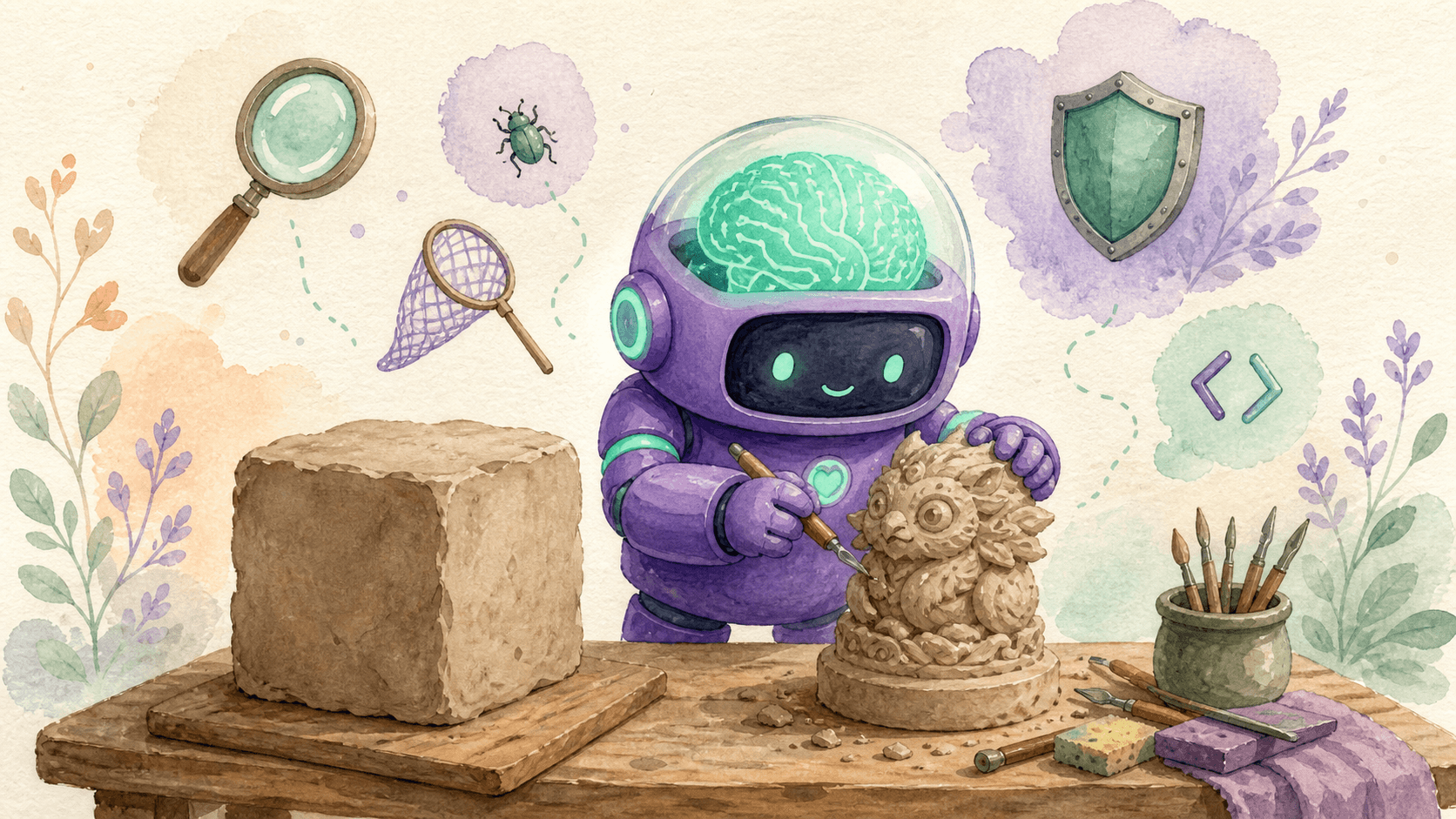 Illustration aquarelle d'un petit robot astronaute violet artisan à son établi, sculptant une figurine raffinée à côté d'un bloc d'argile brut non touché, symbolisant le post-training qui affine un modèle sans changer sa base