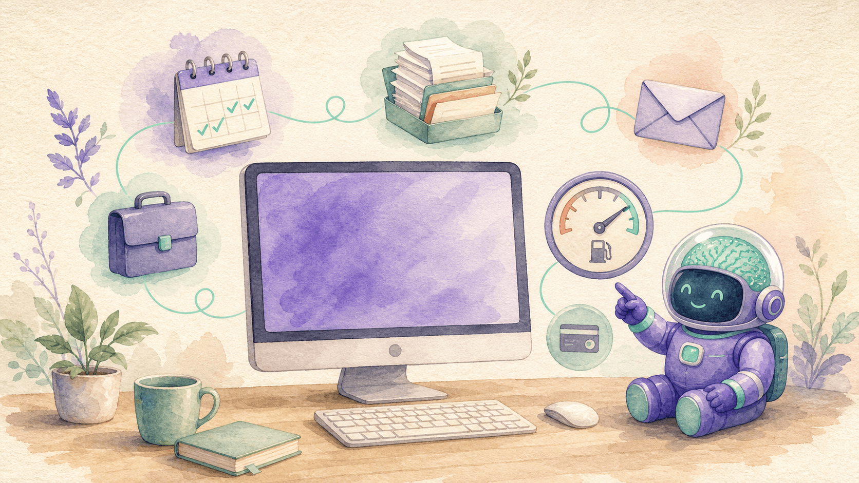 Illustration aquarelle d'un ordinateur de bureau amical avec une lueur violette sur l'ecran, un petit compteur/jauge flottant a cote suggerant la facturation a l'usage, des icones de taches d'agent (calendrier, briefcase, documents, enveloppe) reliees par des fils menthe en boucle, une piece/credit pres de la jauge, le robot-astronaute violet de saisir.ai pointe la jauge, fond papier texture creme.