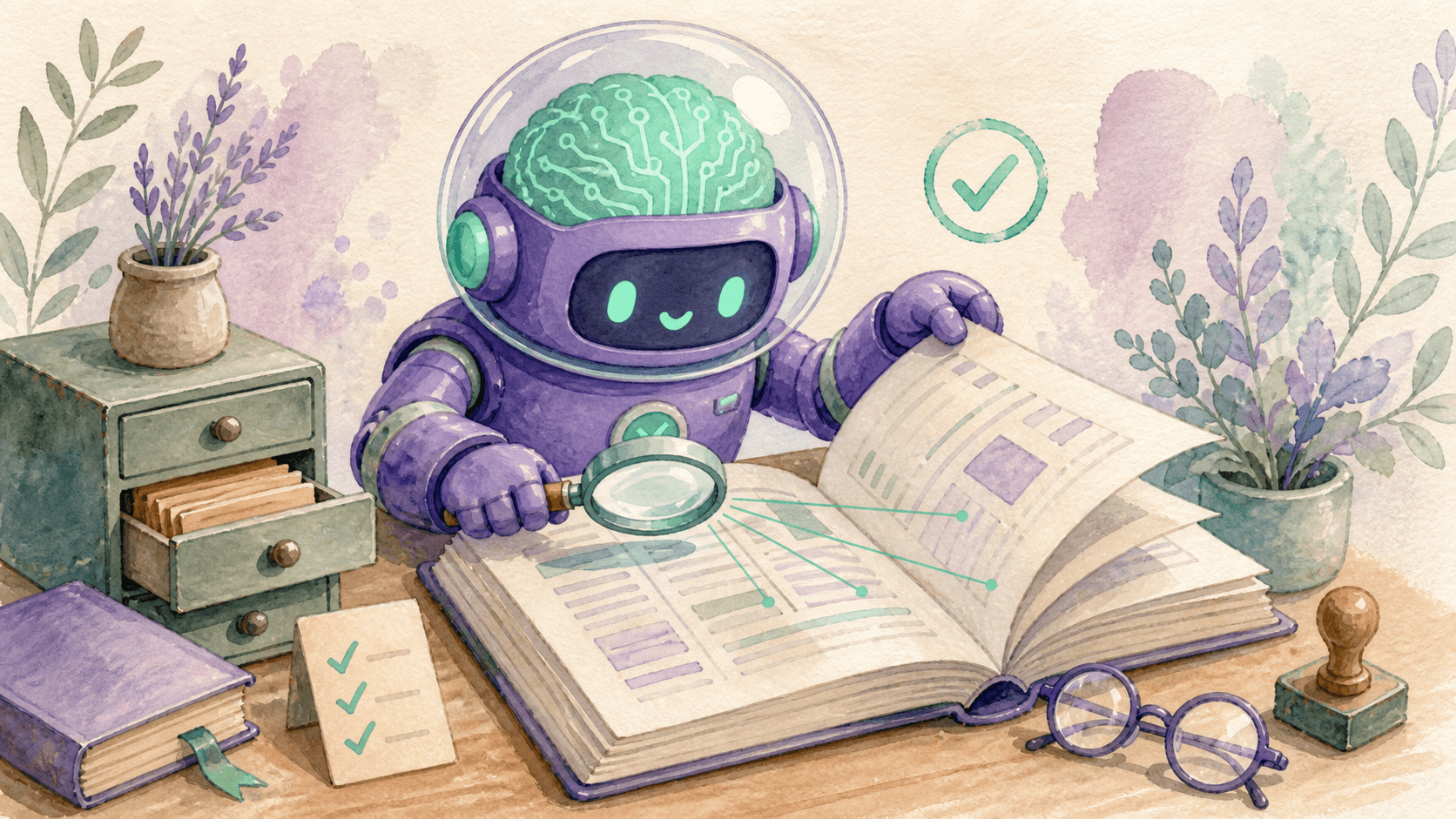 Illustration aquarelle d'un petit robot astronaute violet assis à un bureau devant un grand livre ouvert, examinant une ligne du document à la loupe, entouré d'un petit classeur ouvert, d'un marque-page, d'une fiche de vérification et de lunettes de lecture, avec un tampon de validation coché flottant à côté, symbolisant un agent IA qui vérifie ses sources dans les documents