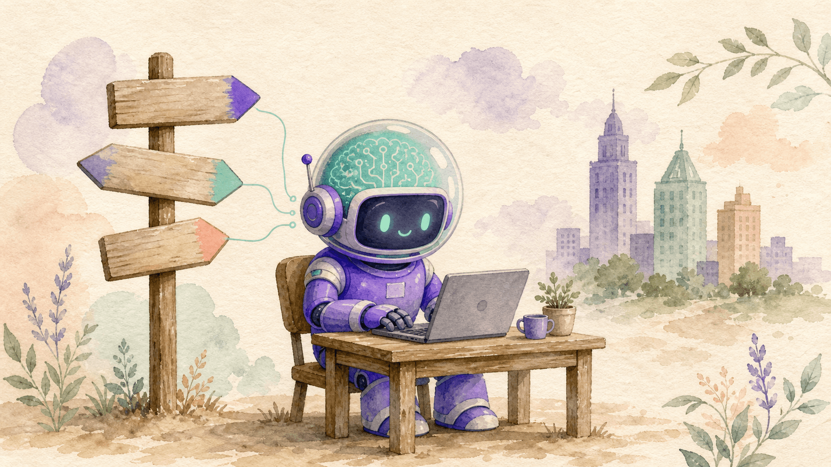 Illustration aquarelle du robot-astronaute violet de saisir.ai assis à un petit bureau écrivant du code sur un laptop, avec un panneau directionnel à trois flèches pointant dans différentes directions, symbolisant le choix et la compétition entre modèles IA, palette violette et menthe sur fond crème