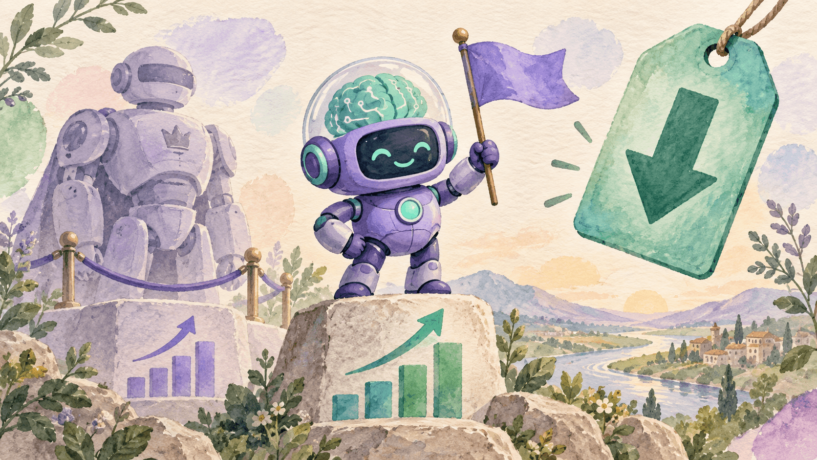 Illustration aquarelle d'un petit robot astronaute violet sur un podium tenant un drapeau, flanqué d'une silhouette de robot plus grand en lavande derrière une barrière, avec des barres de benchmark en menthe et violet et une étiquette de prix à flèche descendante