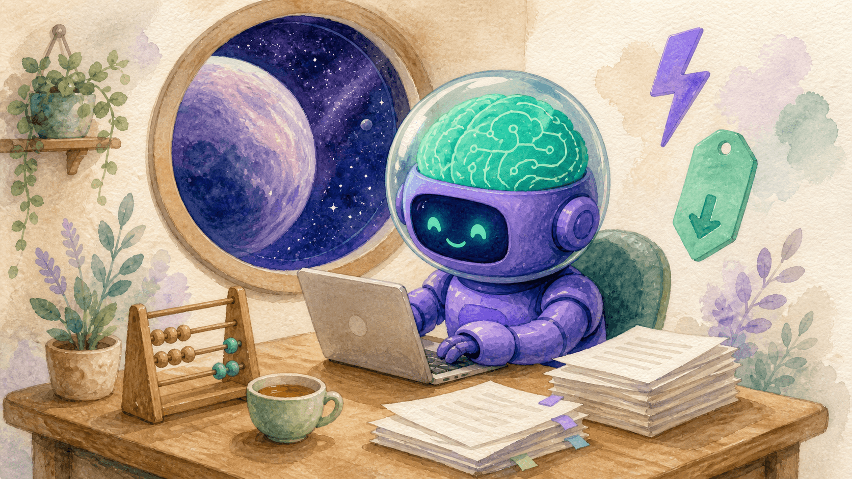 Illustration aquarelle d'un petit robot astronaute violet travaillant diligeamment à un bureau miniatures avec un laptop, un boulier et une tasse de thé, une géante planète frontier visible par la fenêtre, symbolisant Gemini 3.7 Flash comme un modèle workhorse quasi-frontier à bas coût