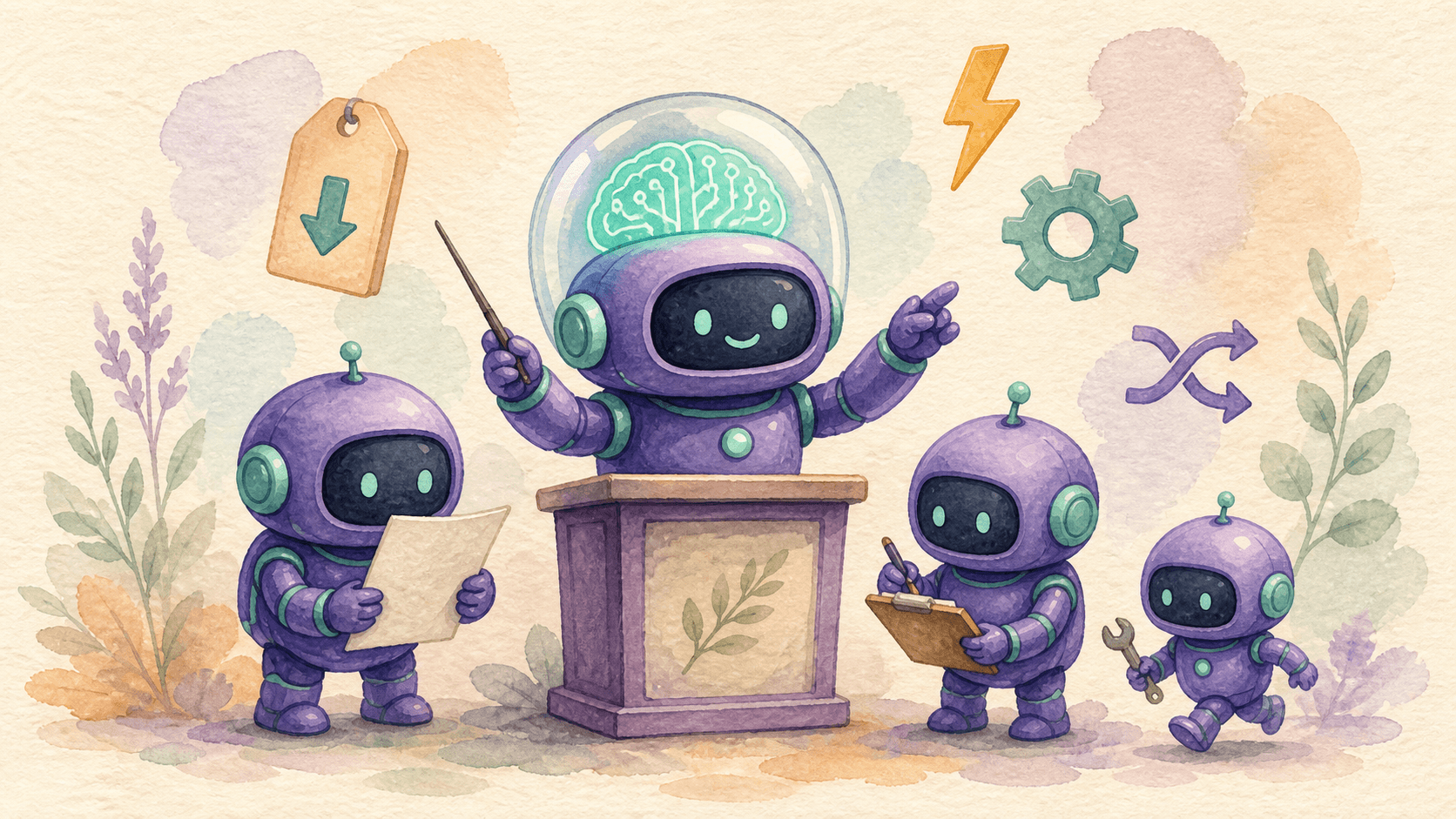 Illustration aquarelle d'un petit robot astronaute violet orchestrant trois robots assistants plus petits, avec un prix baissant, un éclair et une flèche de délégation, symbolisant la délégation multi-modèle et la réduction de coût