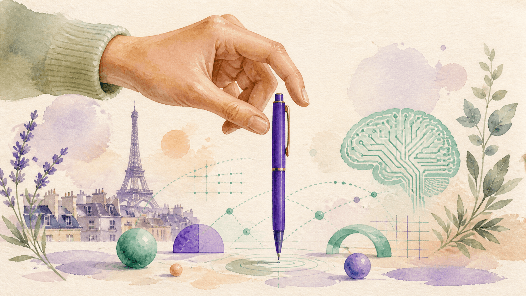 Illustration aquarelle conceptuelle : une main tenant un stylo en équilibre sur sa pointe, entourée de formes géométriques abstraites et d'une silhouette de tour Eiffel en lavande, évoquant l'intelligence du monde physique