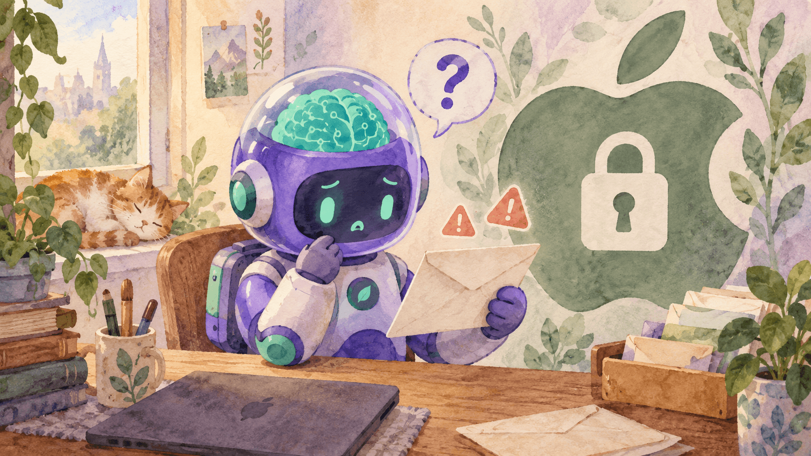 Illustration aquarelle d'un petit robot astronaute violet surpris en train de lire une enveloppe privée, avec une pomme cadenassée derrière lui et des triangles de warning, symbolisant le resserrement des permissions macOS par Apple après l'affaire Meta Muse
