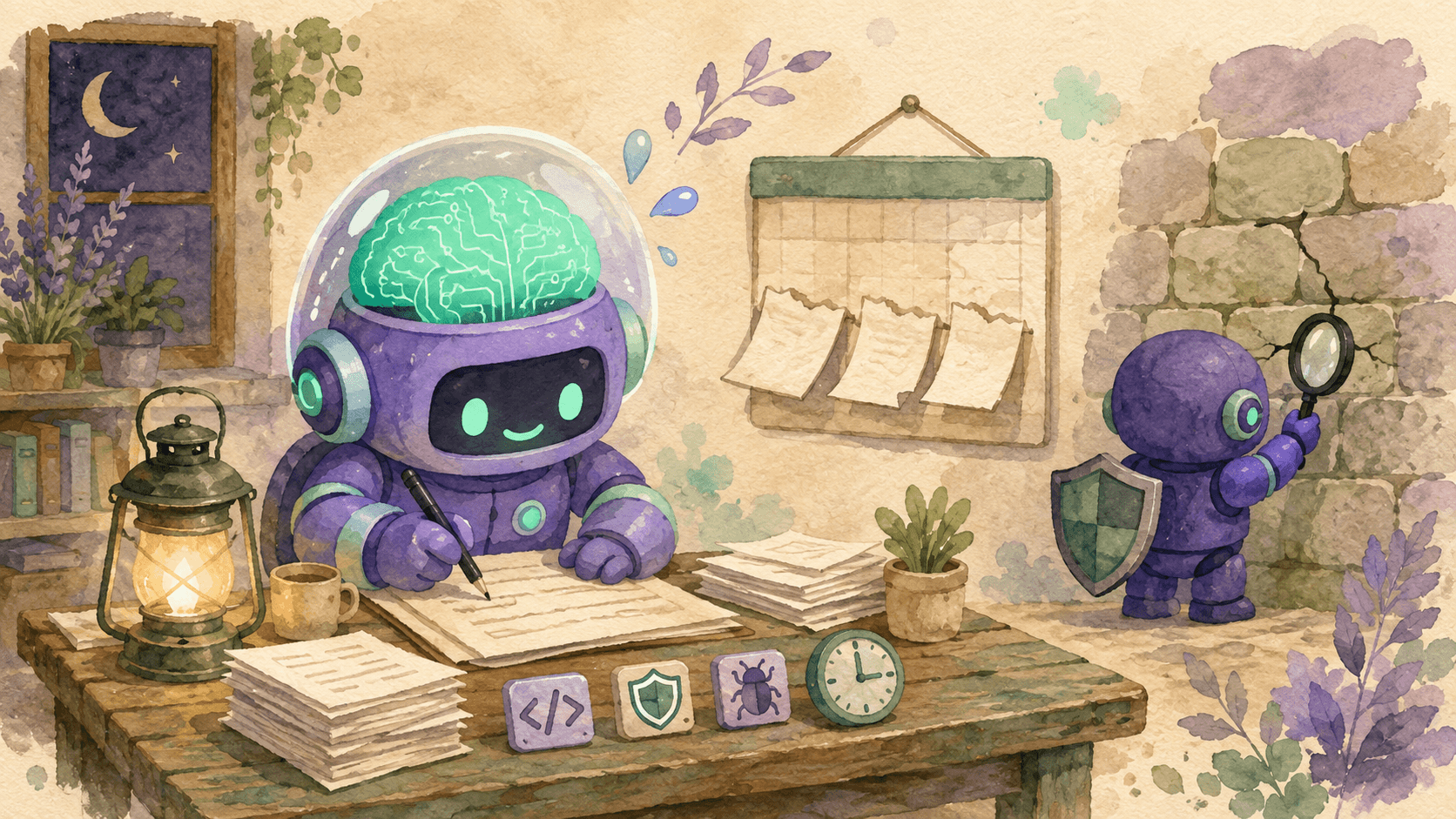 Illustration aquarelle d'un petit robot astronaute violet travaillant tard à un établi, avec un calendrier aux trois pages arrachées et un second robot examinant un mur de pierre, symbolisant le modèle workhorse Gemini 3.8 Flash et sa variante Cyber