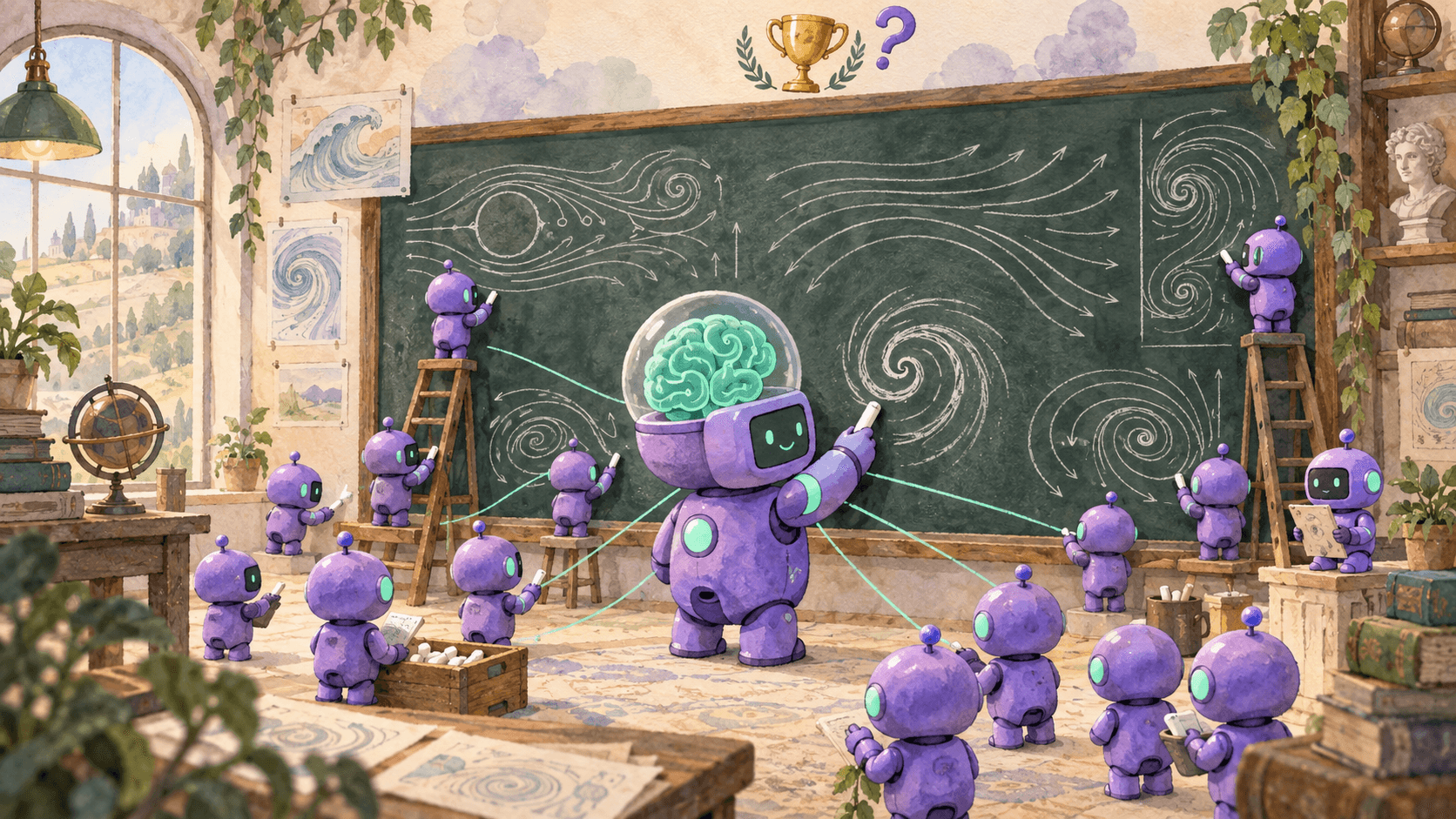 Illustration aquarelle d'un petit robot astronaute violet tenant un morceau de craie devant un tableau couvert de diagrammes de fluides et tourbillons spiralés, entouré de petits robots violets coordonnés avec craies, un trophée et un point d'interrogation flottant au-dessus, symbolisant la résolution du problème Navier-Stokes par 10 000 agents IA
