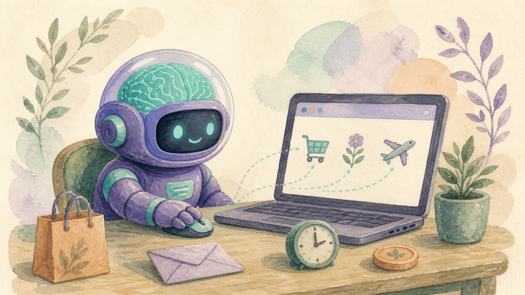 Robot astronaute violet assis devant un laptop, en train de cliquer sur un navigateur web — illustration aquarelle