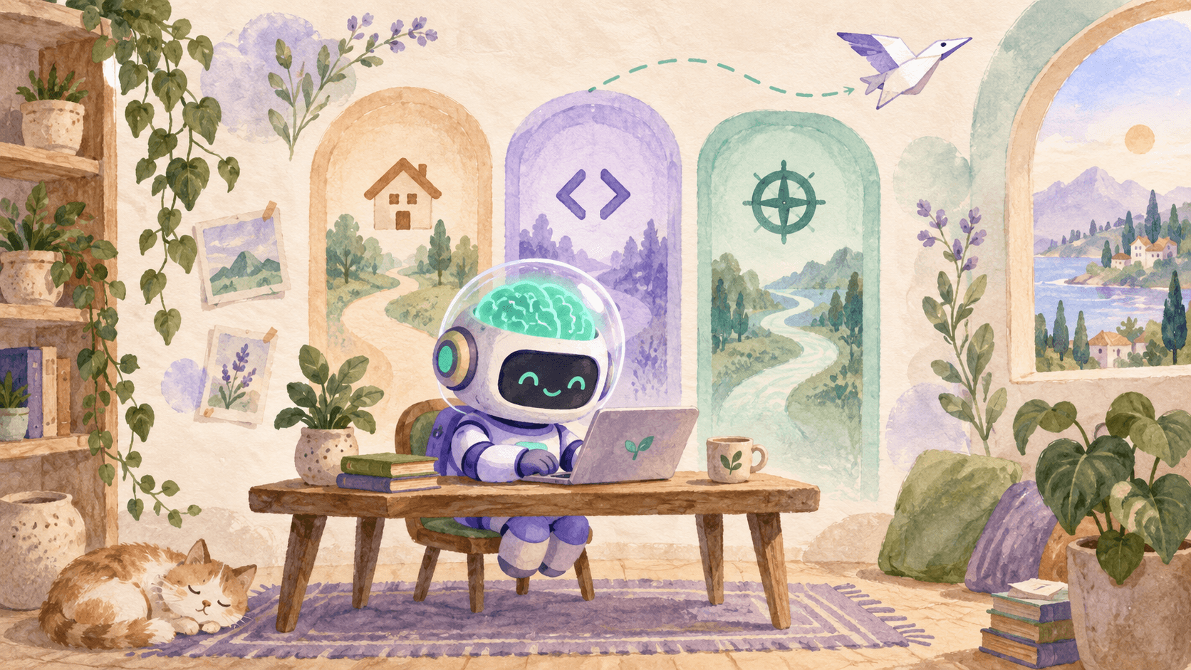 Illustration aquarelle d'un petit robot astronaute violet à son bureau devant un laptop, avec trois panneaux peints derrière lui (maison, code, boussole) et un avion en papier volant au-dessus, symbolisant les trois piliers de Copilot et le travail délégué en autonomie