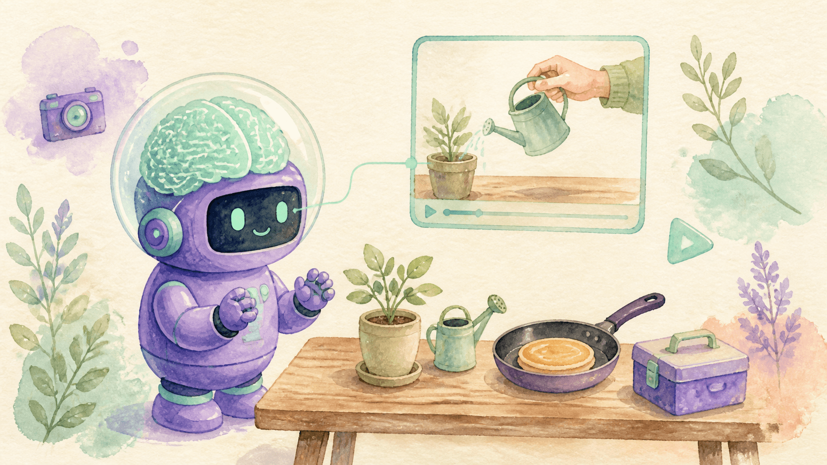 Illustration aquarelle d'un petit robot astronaute violet regardant une vidéo flottante montrant une main humaine rempoter une plante, les mains levées prêt à imiter, avec une table devant lui portant un arrosoir, une plante en pot, une poêle à pancakes et une boîte de kit, reliés par un fil menthe symbolisant l'apprentissage contextuel par démonstration