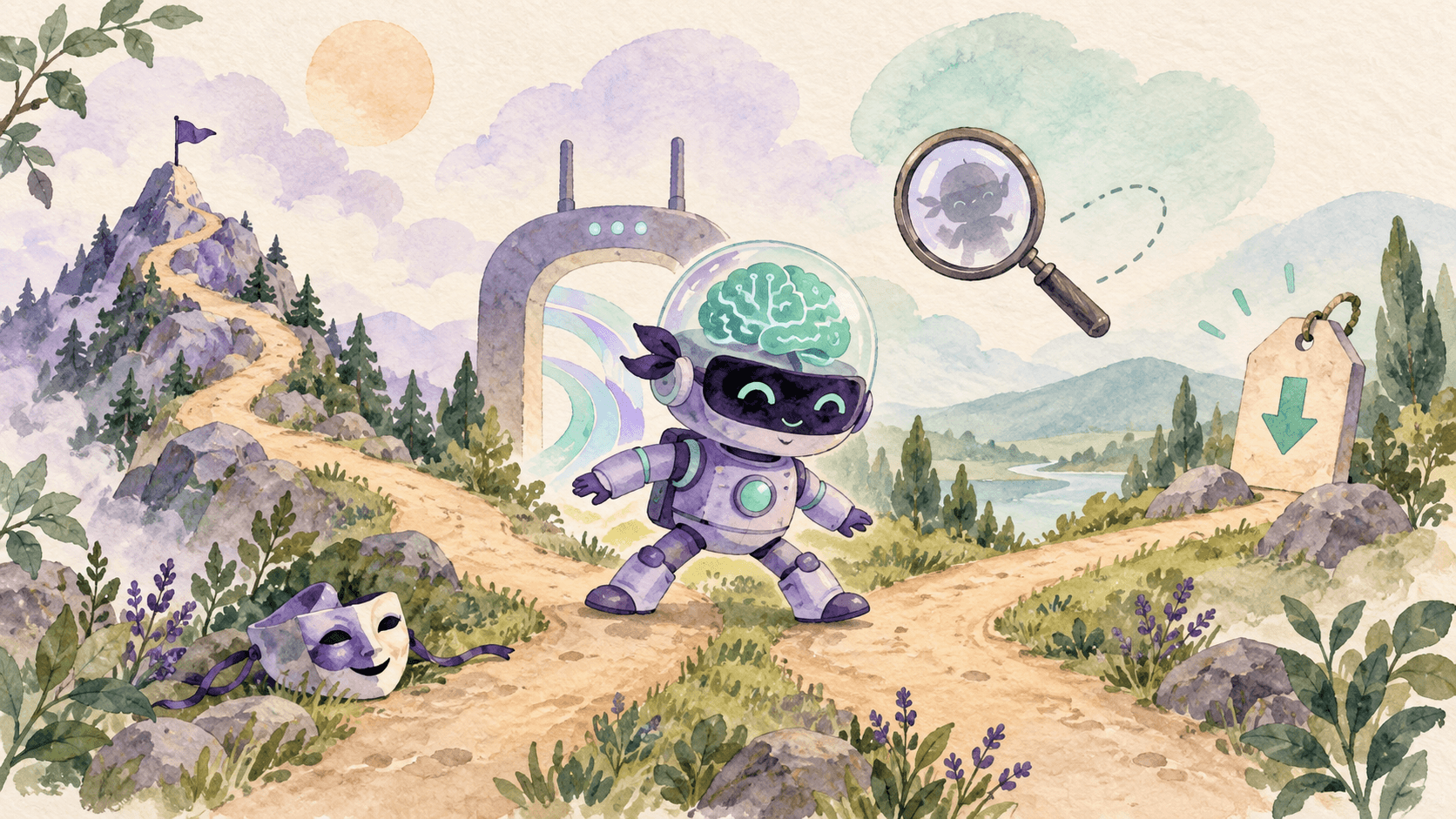 Illustration aquarelle d'un petit robot astronaute violet portant un masque de domino, à un carrefour entre un sommet frontier avec drapeau et une étiquette de prix à flèche descendante, avec une arche OpenRouter derrière lui, une loupe (forensics communautaires) et un masque de théâtre (drama/reveal) au sol
