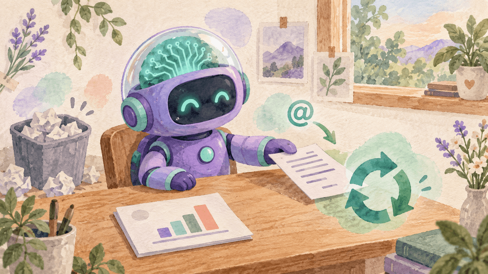 Illustration aquarelle d'un petit robot astronaute violet à casque transparent, assis à un bureau miniature, glissant un document vers une boucle de recyclage, avec une poubelle de brouillons froissés derrière lui et un symbole @ en menthe flottant près du document