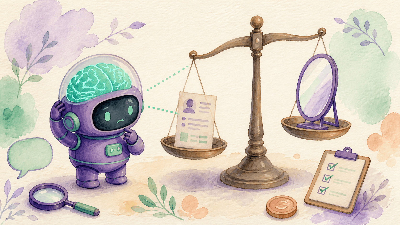 Robot astronaute violet devant une balance à deux plateaux, l'air perplexe, illustrant le déplacement des biais des LLM