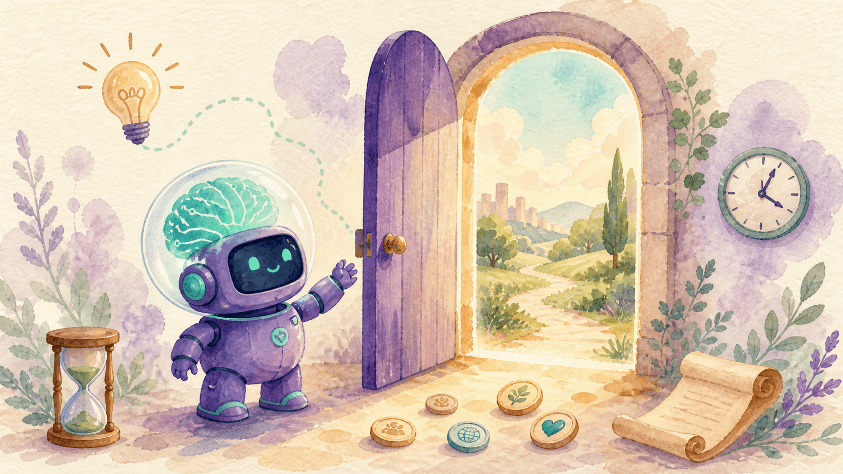 Robot astronaute violet devant une porte ouverte avec lumière chaude, illustrant l'ouverture de ChatGPT aux utilisateurs gratuits