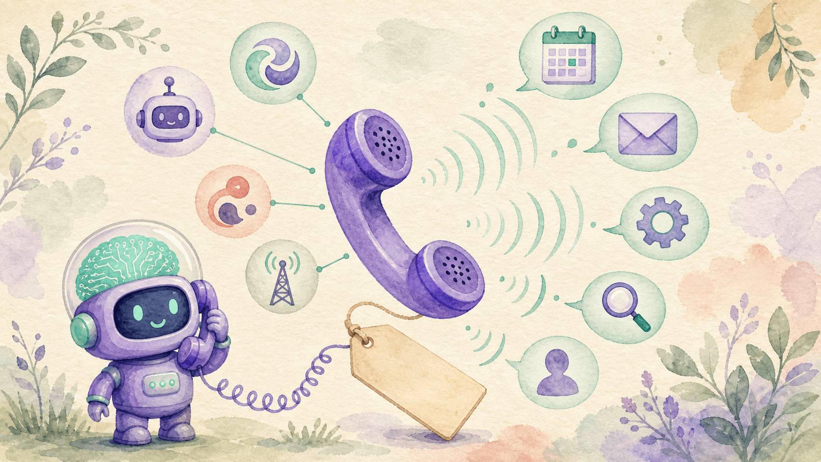 Illustration aquareville d'un telephone receiver vintage en doux lavis violet, avec des ondes sonores menthe qui se transforment en bulles contenant des icones (calendrier, enveloppe, engrenage, loupe, silhouette humaine), entoure des icones du paysage concurrentiel (robot xAI, spirale OpenAI, E ElevenLabs, tour Vapi/Retell) reliees par de fins traits menthe, avec le robot-astronaute violet de saisir.ai en bas a gauche qui ecoute le telephone avec curiosite, fond papier texture creme.