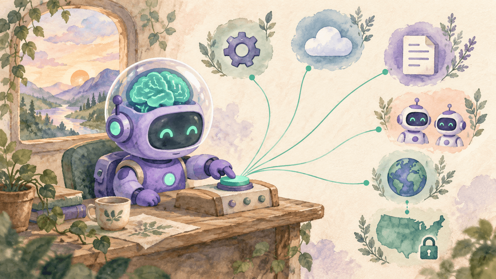 Illustration aquarelle d'un petit robot astronaute violet à casque transparent, assis à un bureau miniature avec un seul gros bouton, pressant le bouton d'un doigt tandis que des fils menthe relient le bouton à des icônes en demi-cercle : engrenage, nuage, document, deux mini-robots et globe, avec une carte des États-Unis et un cadenas en dessous, symbolisant l'Agents API d'OpenAI orchestrant outils, sandbox, compaction de contexte, subagents et recherche web en un seul appel