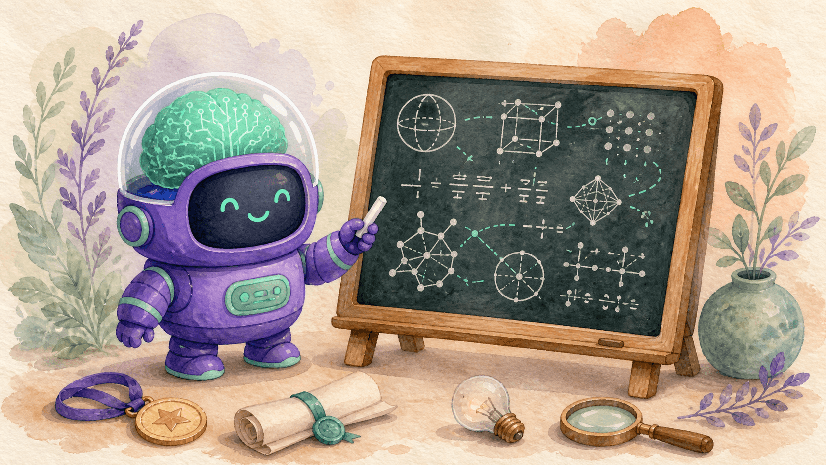 Illustration aquarelle d'un petit robot astronaute violet devant un tableau noir couvert de symboles mathématiques, tenant un morceau de craie avec satisfaction