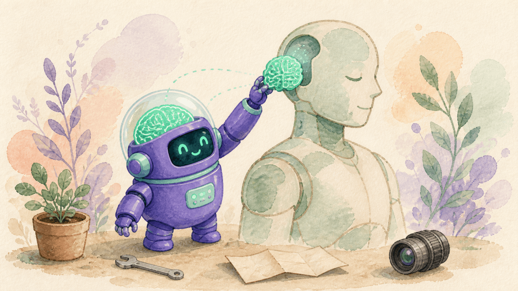 Illustration aquarelle d'un petit robot astronaute violet installant un cerveau lumineux dans un grand robot humanoïde, symbolisant les LLMs comme cerveau des robots