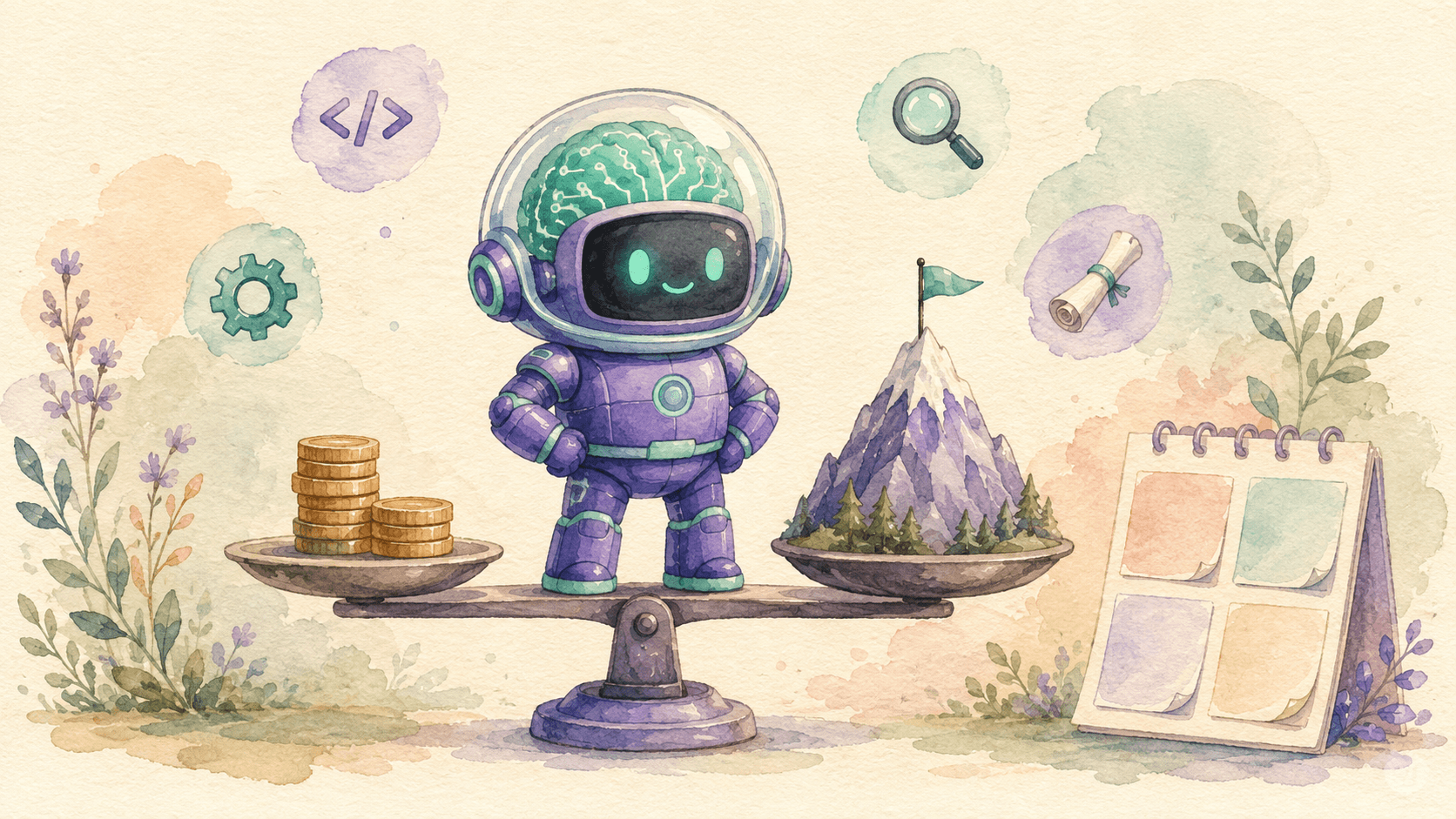 Illustration aquarelle d'un petit robot astronaute violet debout sur une balance équilibrée, avec d'un côté une pile de pièces et de l'autre un sommet de montagne avec drapeau, entouré d'icônes code, engrenage, loupe, rouleau et calendrier, symbolisant un modèle IA frontier à prix cassé
