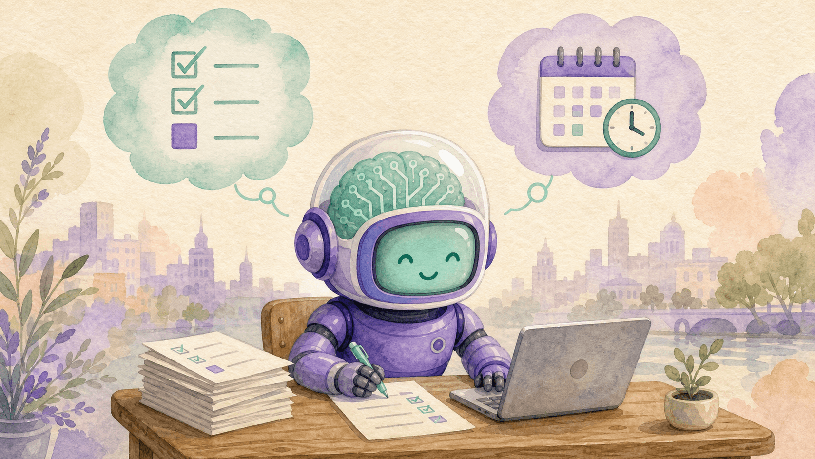 Illustration aquarelle du robot-astronaute violet de saisir.ai assis à un petit bureau, avec deux bulles de pensée flottant au-dessus montrant une checklist et un calendrier avec horloge, palette violette et menthe sur fond crème