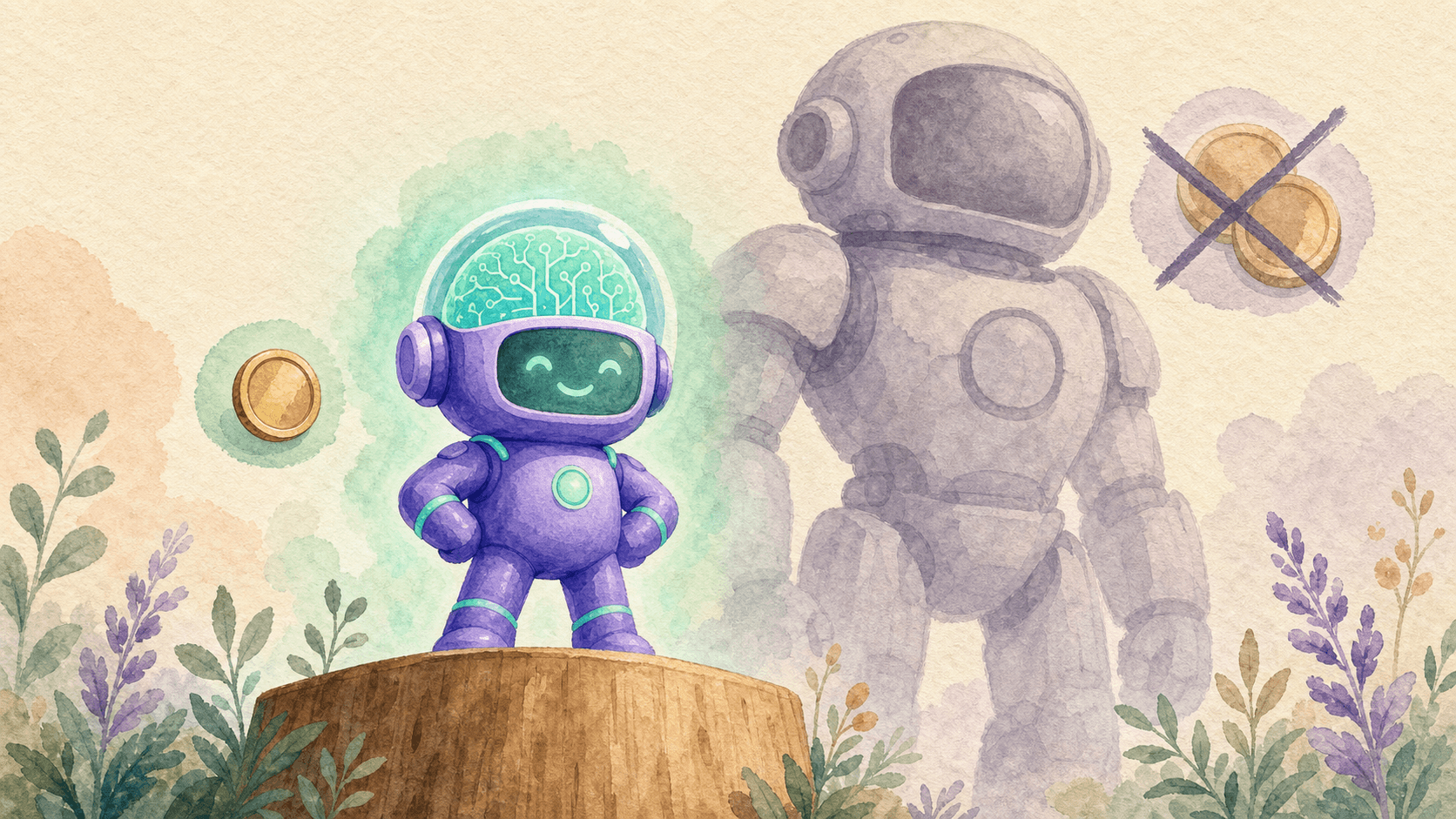 Illustration aquarelle : un petit robot violet souriant sur un podium, avec un grand robot fantôme en arrière-plan. Le petit robot a un cerveau lumineux et dégage une aura mint, suggérant qu'il vaut plus que sa taille. Style éditorial doux, palette violet et mint.