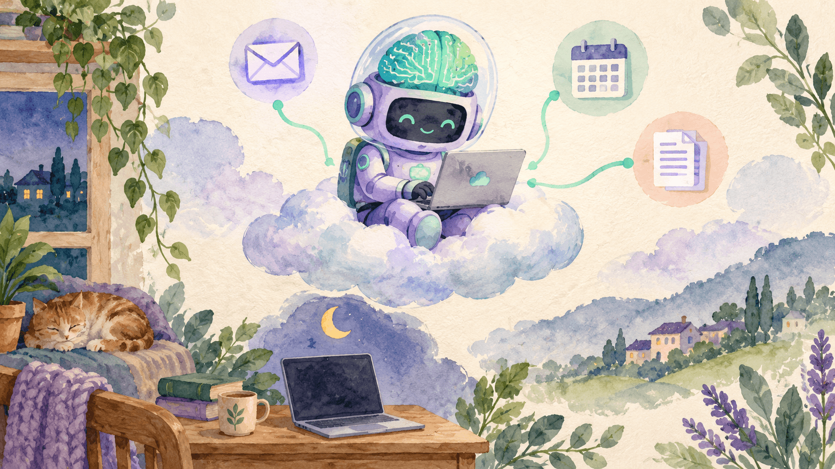 Illustration aquarelle d'un petit robot astronaute violet au cerveau lumineux teal, flottant paisiblement sur un nuage avec un laptop allumé, un laptop éteint en dessous avec un croissant de lune, et des icônes d'applications reliées par des lignes menthe, symbolisant l'agent always-on qui travaille dans le cloud pendant que ton ordinateur dort