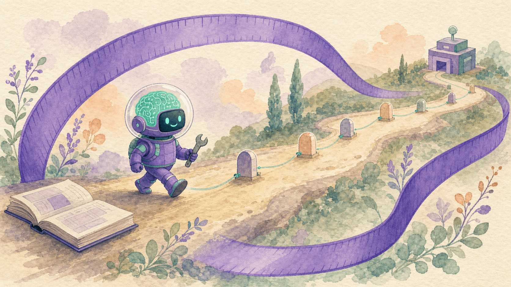 Illustration aquarelle d'un long chemin sinueux traverseant l'image de gauche a droite, avec des bornes milestones le long du parcours, un livre ouvert au depart et un produit acheve a l'arrivee, un grand ruban violet courbe longeant tout le chemin symbolisant le contexte d'un million de tokens, le robot-astronaute violet de saisir.ai marche determinement sur le chemin avec un outil a la main, fond papier texture creme.
